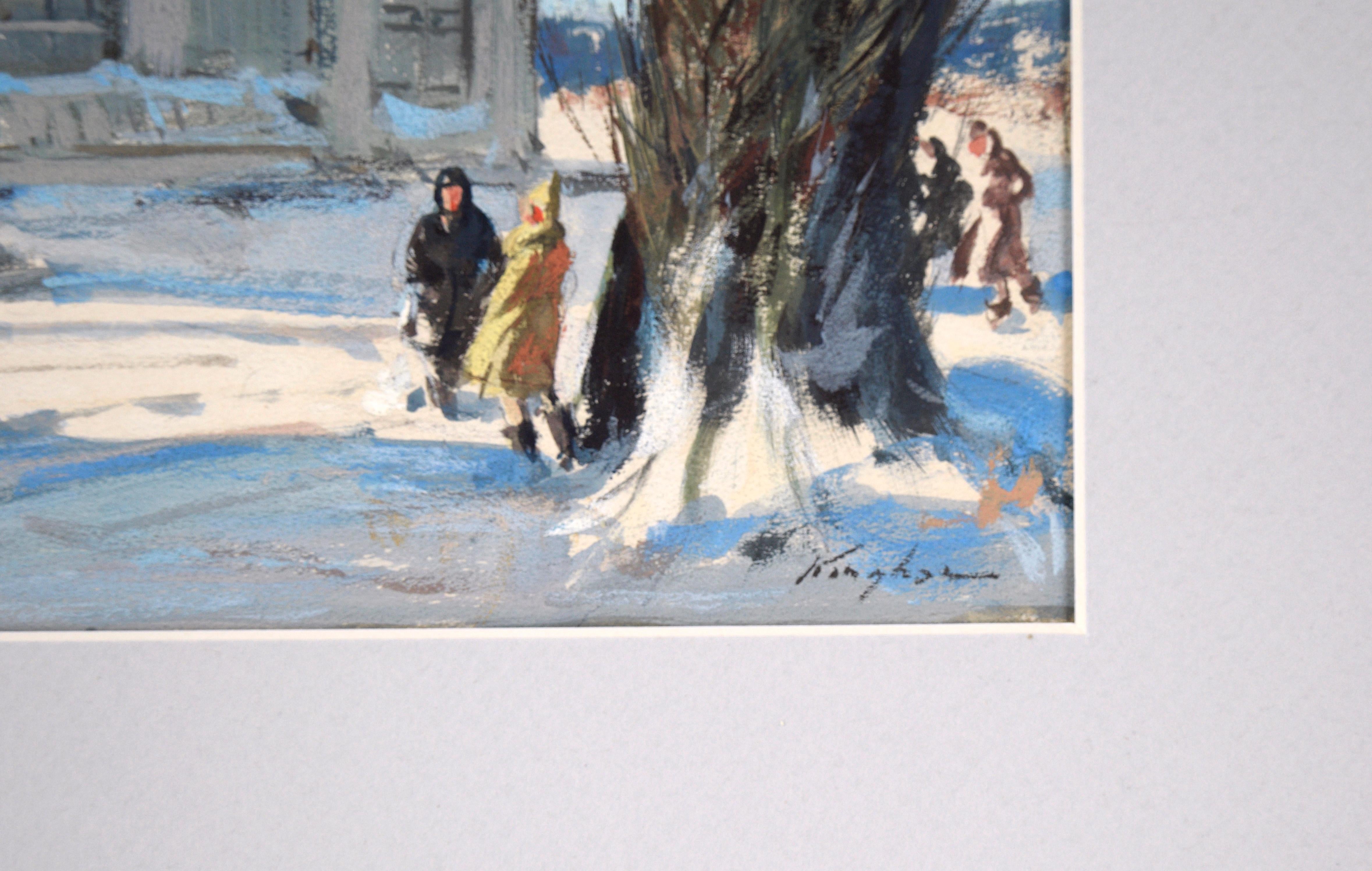 Arriving at Church in Winter – figurative, realistische Illustration im Angebot 5