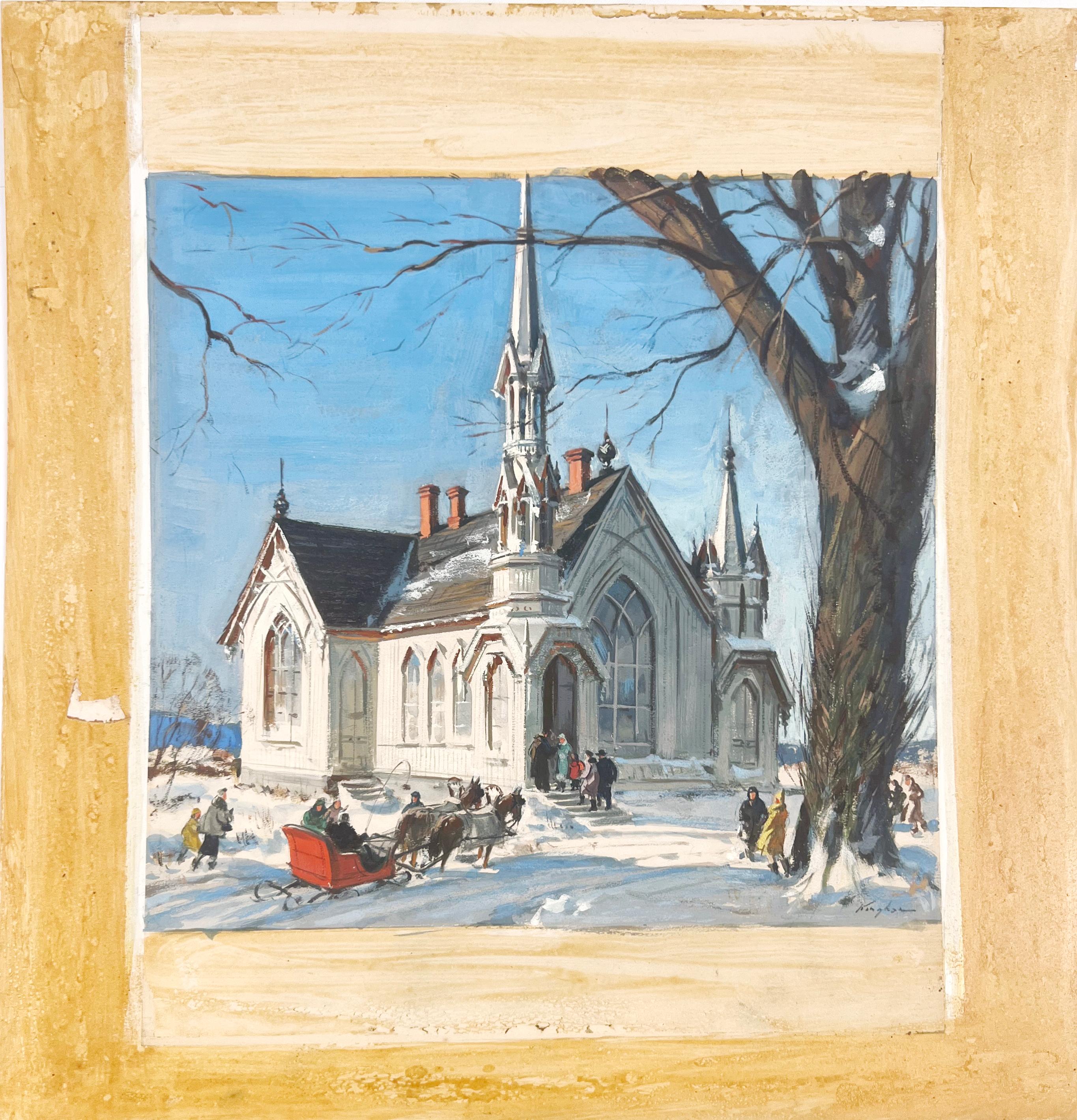 Arriving at Church in Winter – figurative, realistische Illustration im Angebot 6