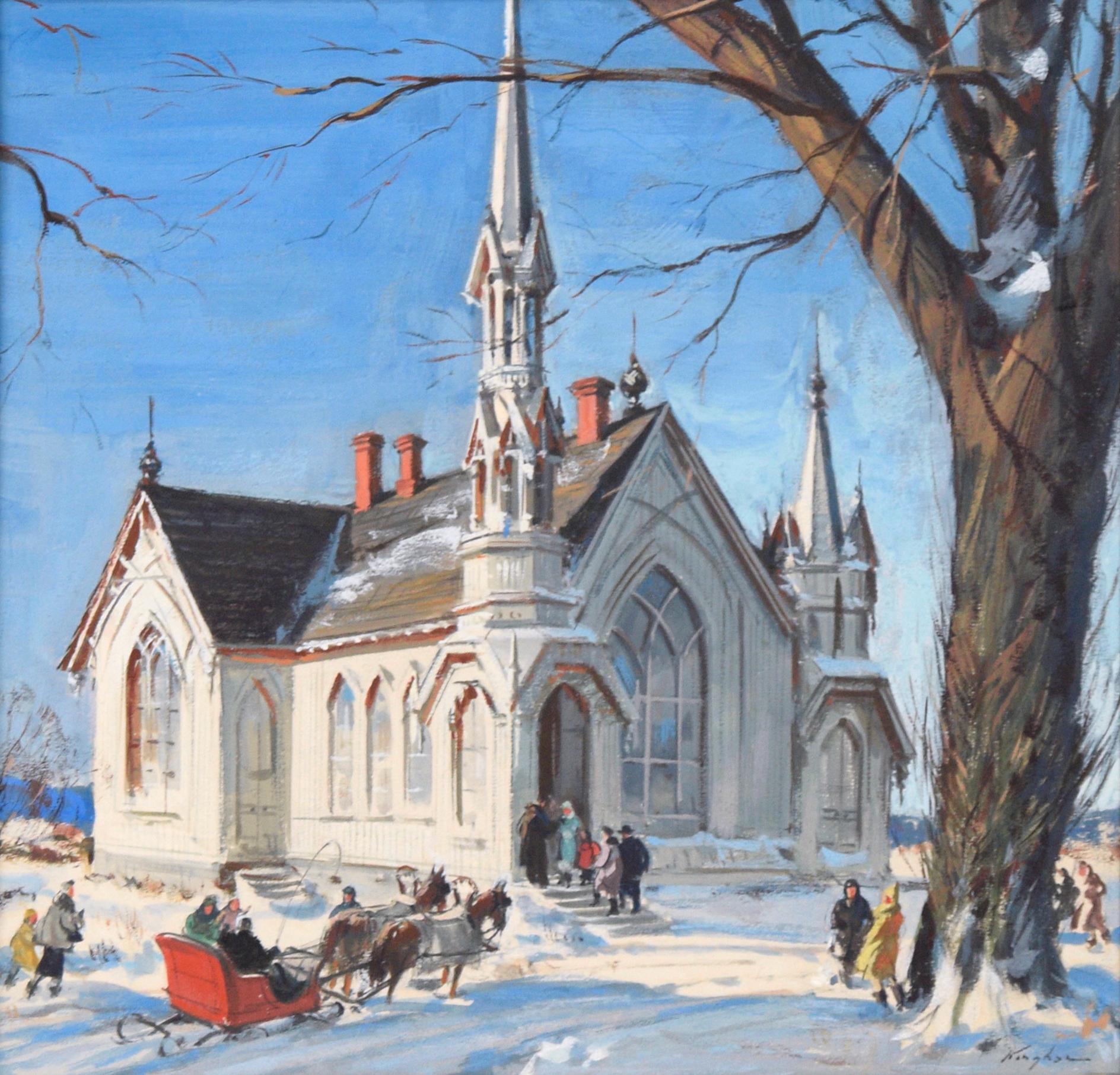 Arriving at Church in Winter – figurative, realistische Illustration – Painting von Charles Kinghan