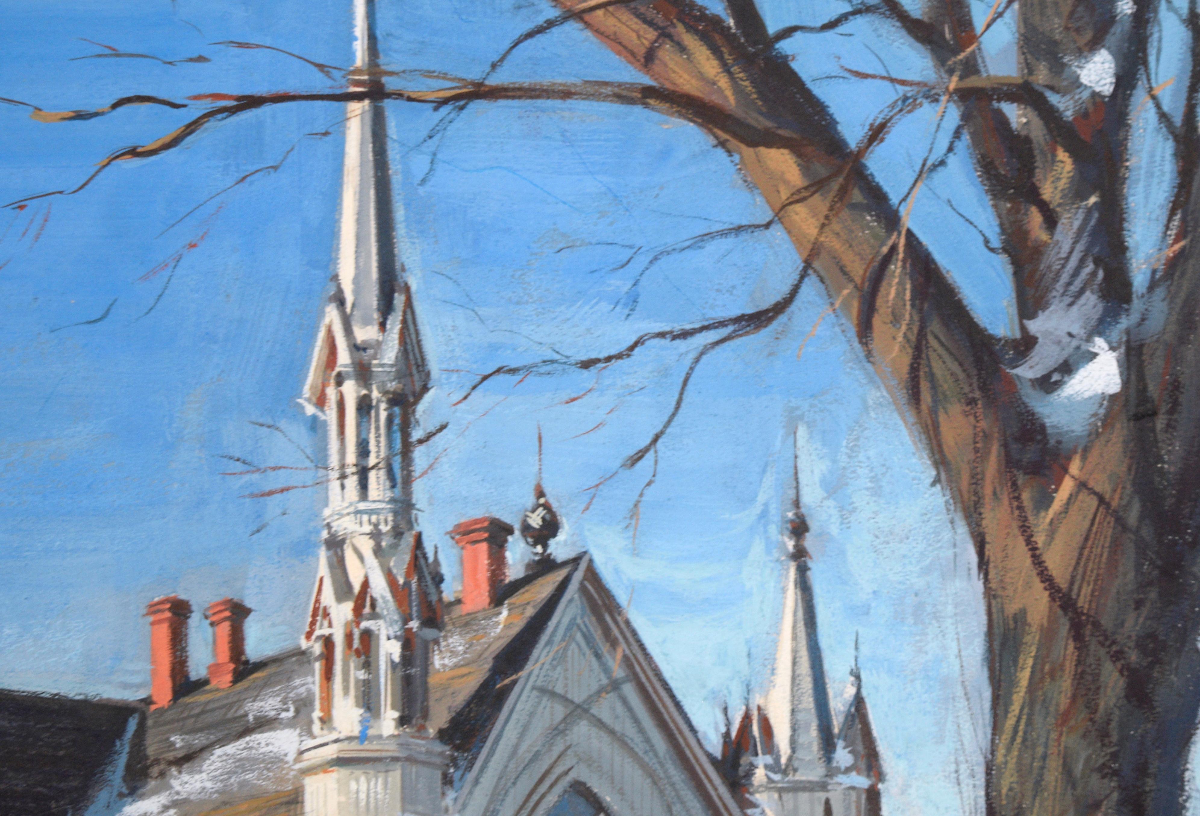 Arriving at Church in Winter – figurative, realistische Illustration (Amerikanischer Impressionismus), Painting, von Charles Kinghan