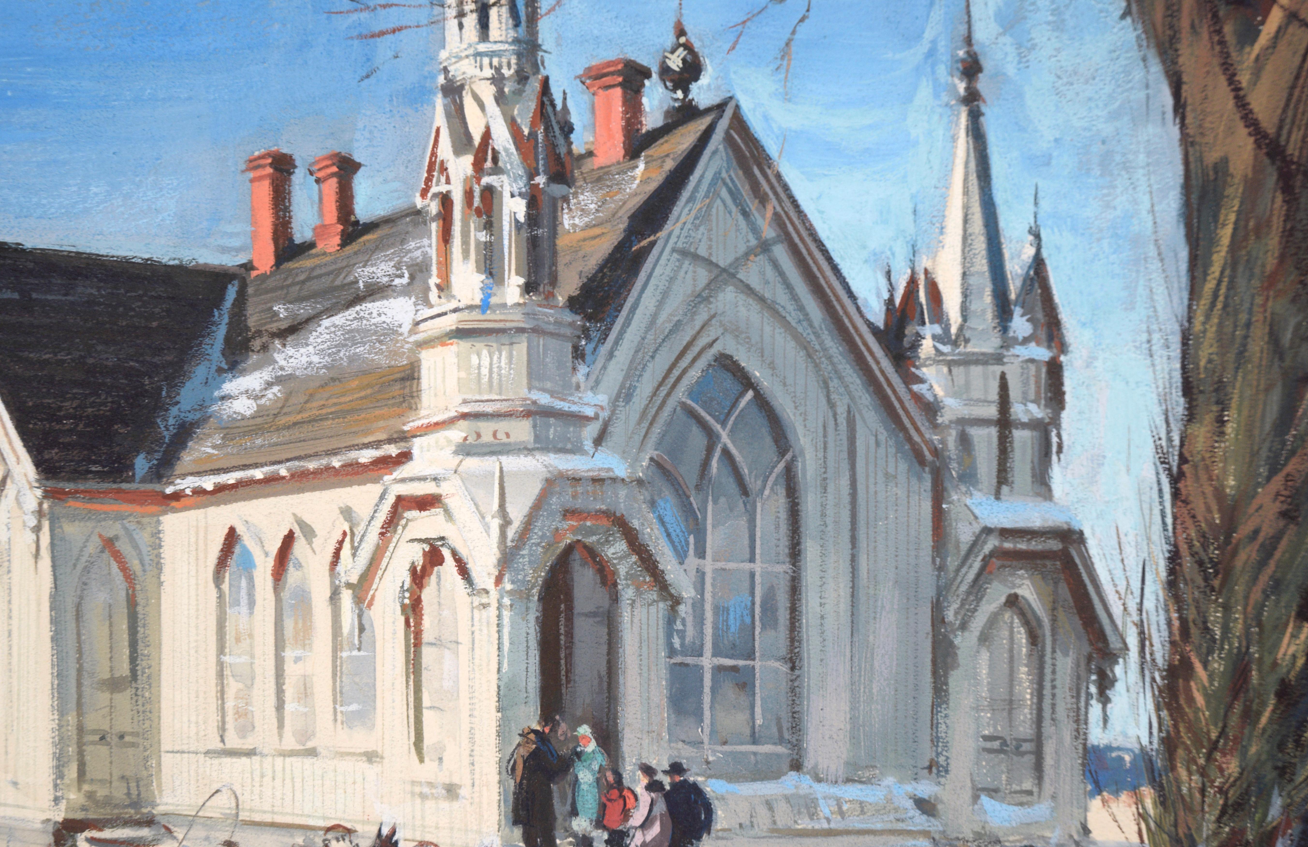 Arriving at Church in Winter – figurative, realistische Illustration im Angebot 1