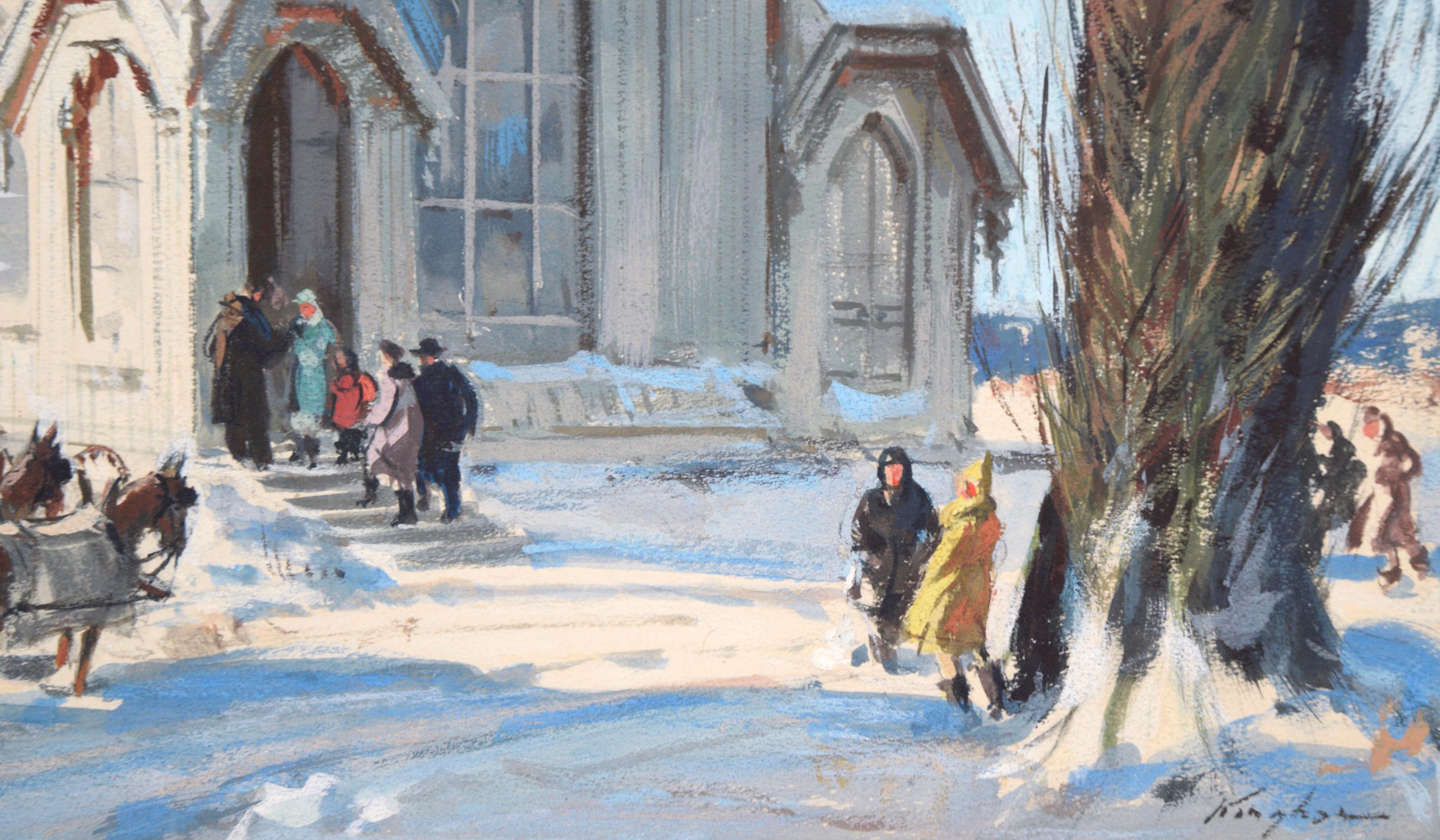 Arriving at Church in Winter - Figurative Realistic Illustration - Gray Figurative Painting by Charles Kinghan