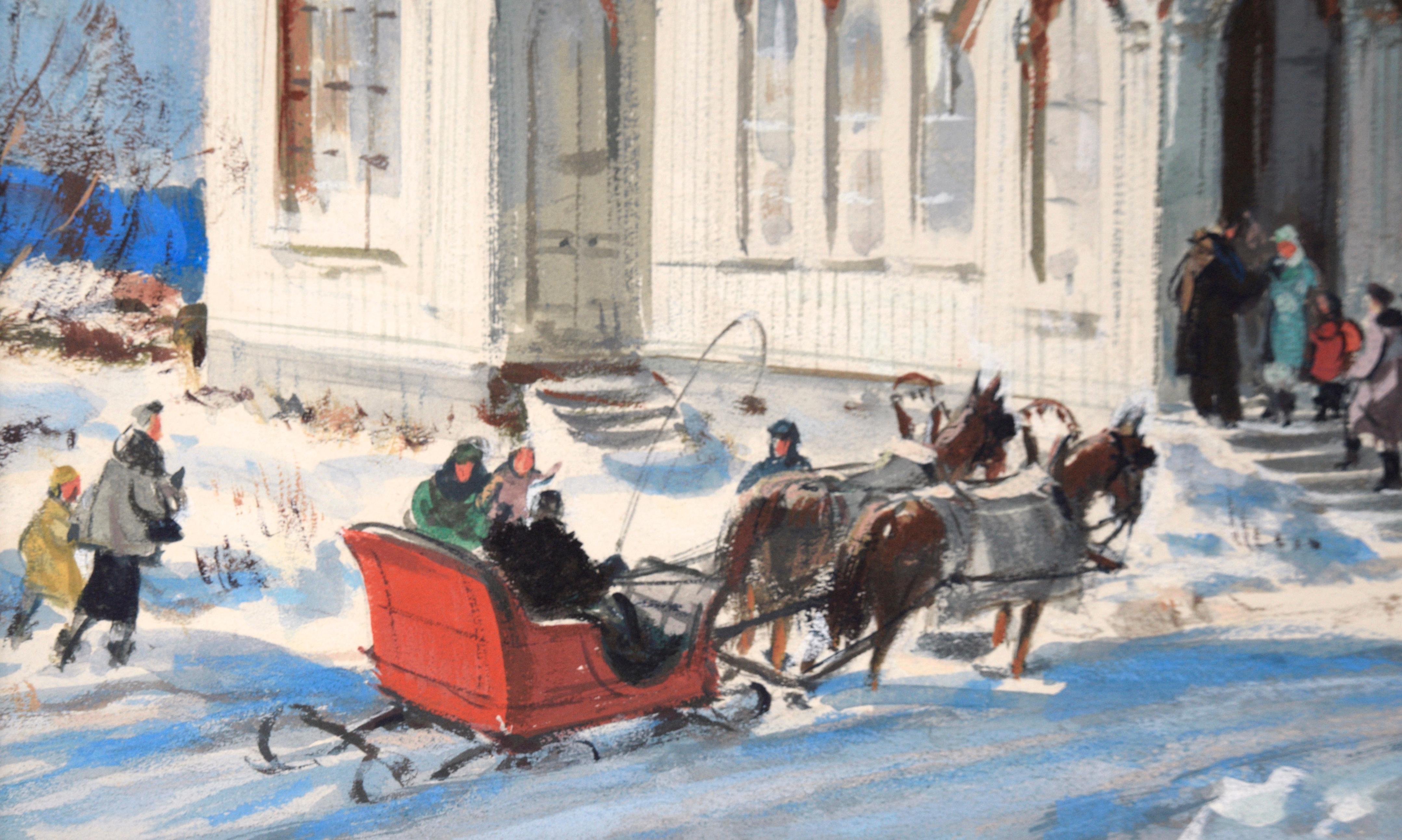 Figurative illustration of people arriving at a church by Charles Kinghan (American, 1895-1984). The church is rendered with exquisite detail, typical of Kinghan's style. People are walking towards an ornate church, dressed in heavy winter clothes.