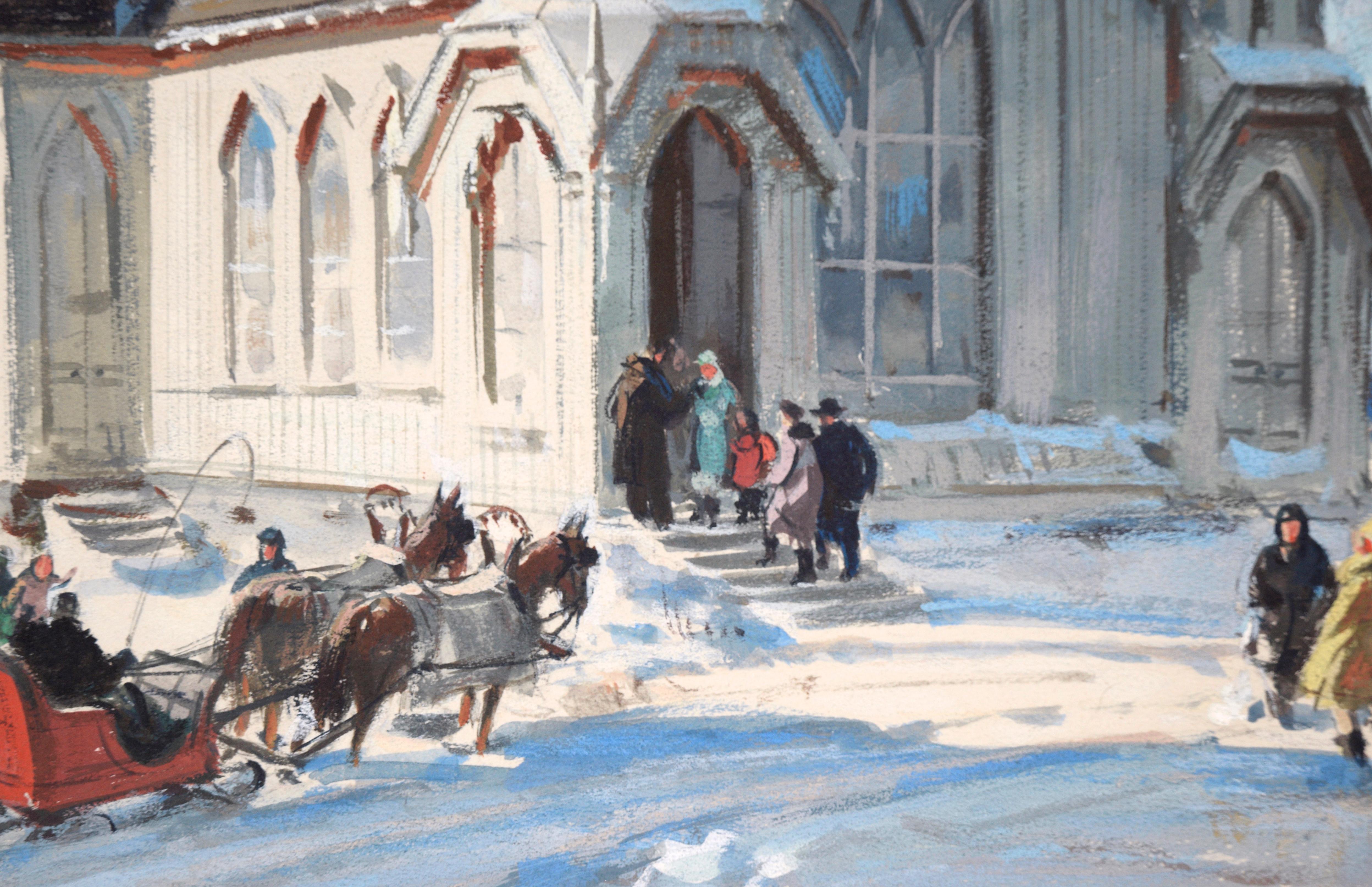 Arriving at Church in Winter – figurative, realistische Illustration im Angebot 4
