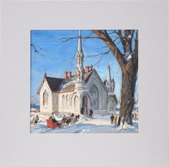 Arriving at Church in Winter - Figurative Realistic Illustration