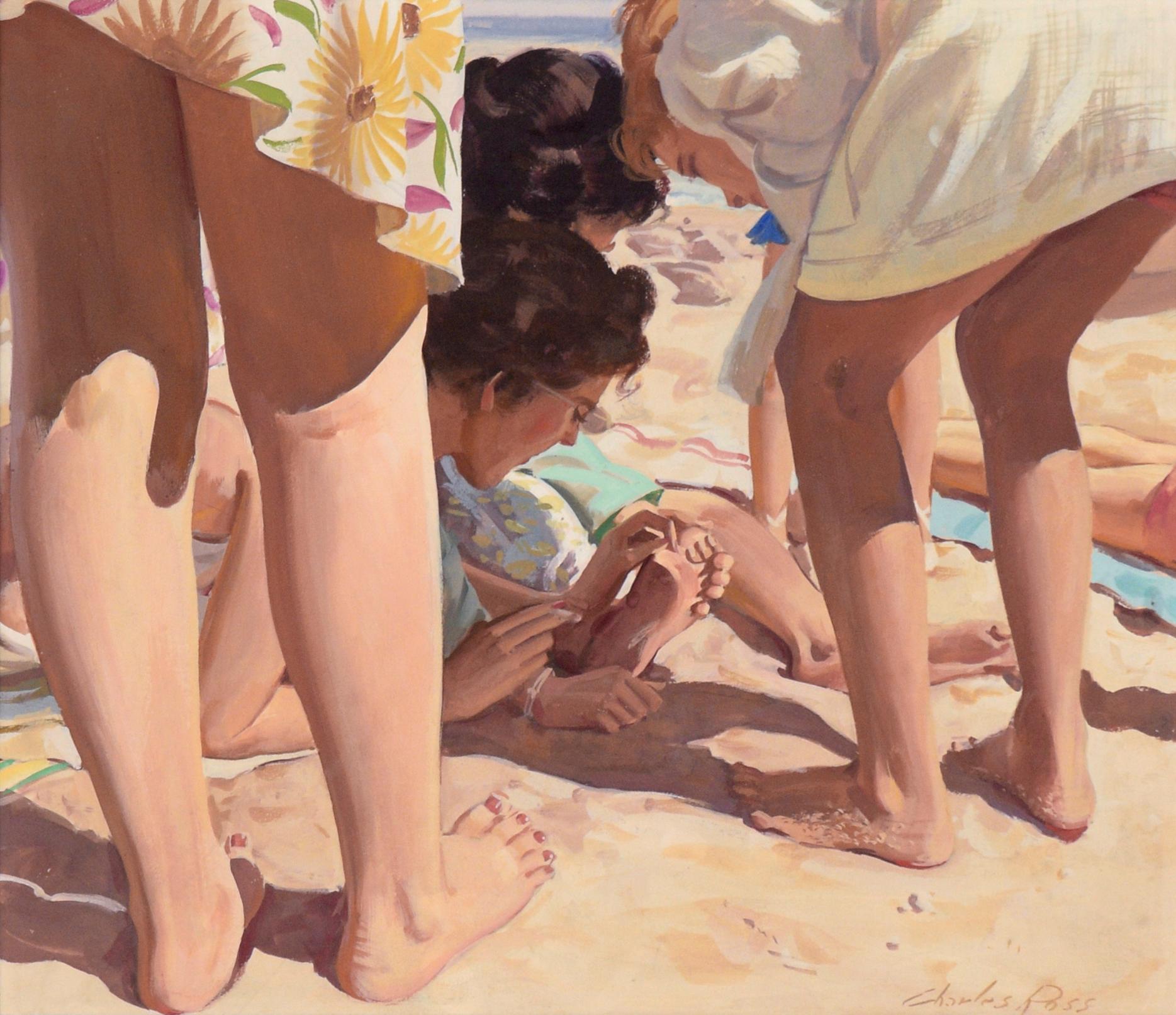 Día en la playa - Ilustración figurativa realista en gouache - Painting de Charles Kinghan