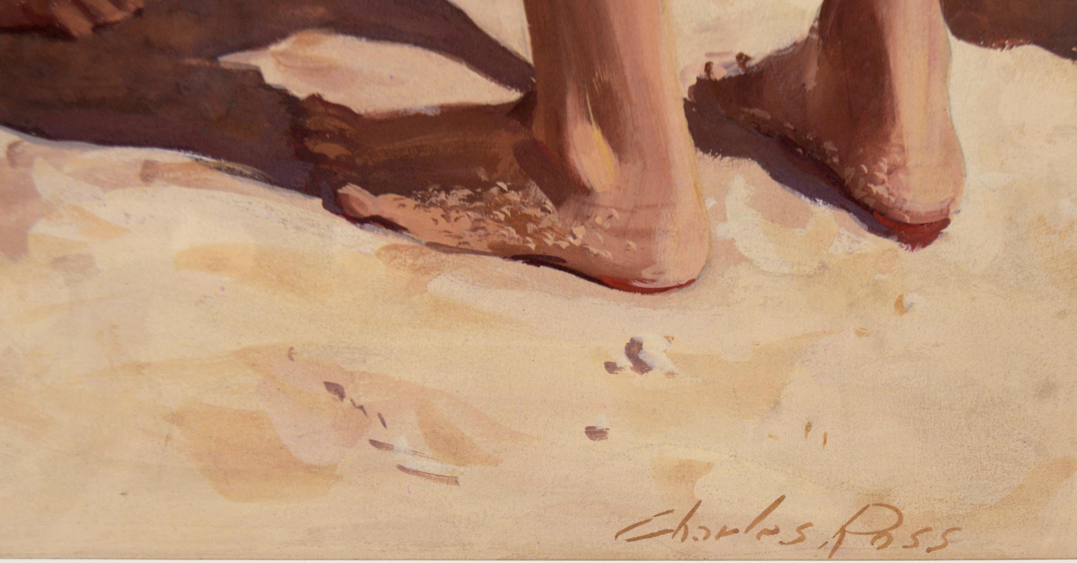 Day at the Beach - Realistic Figurative Illustration in Gouache For Sale 1