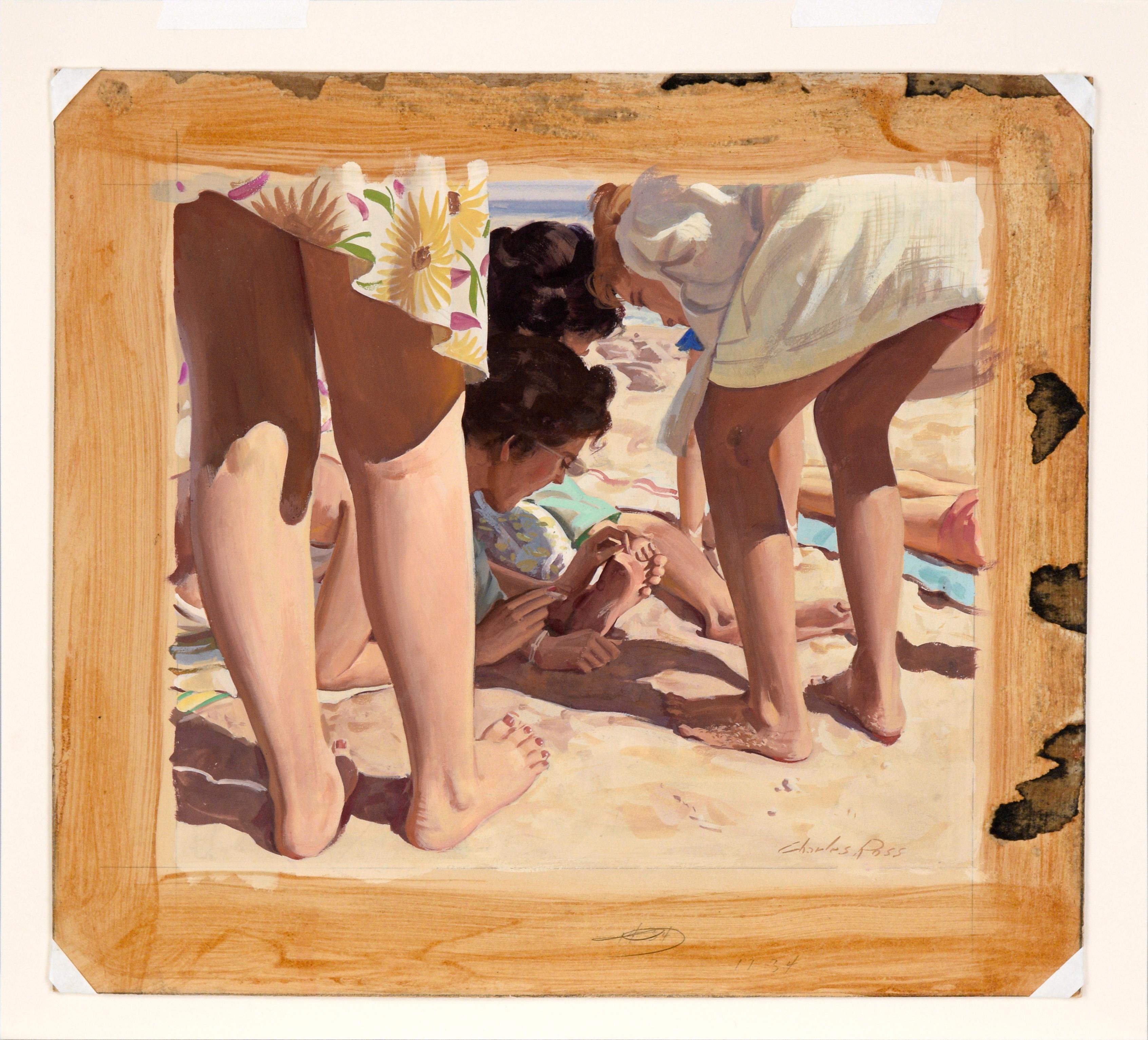 Day at the Beach - Realistic Figurative Illustration in Gouache For Sale 2