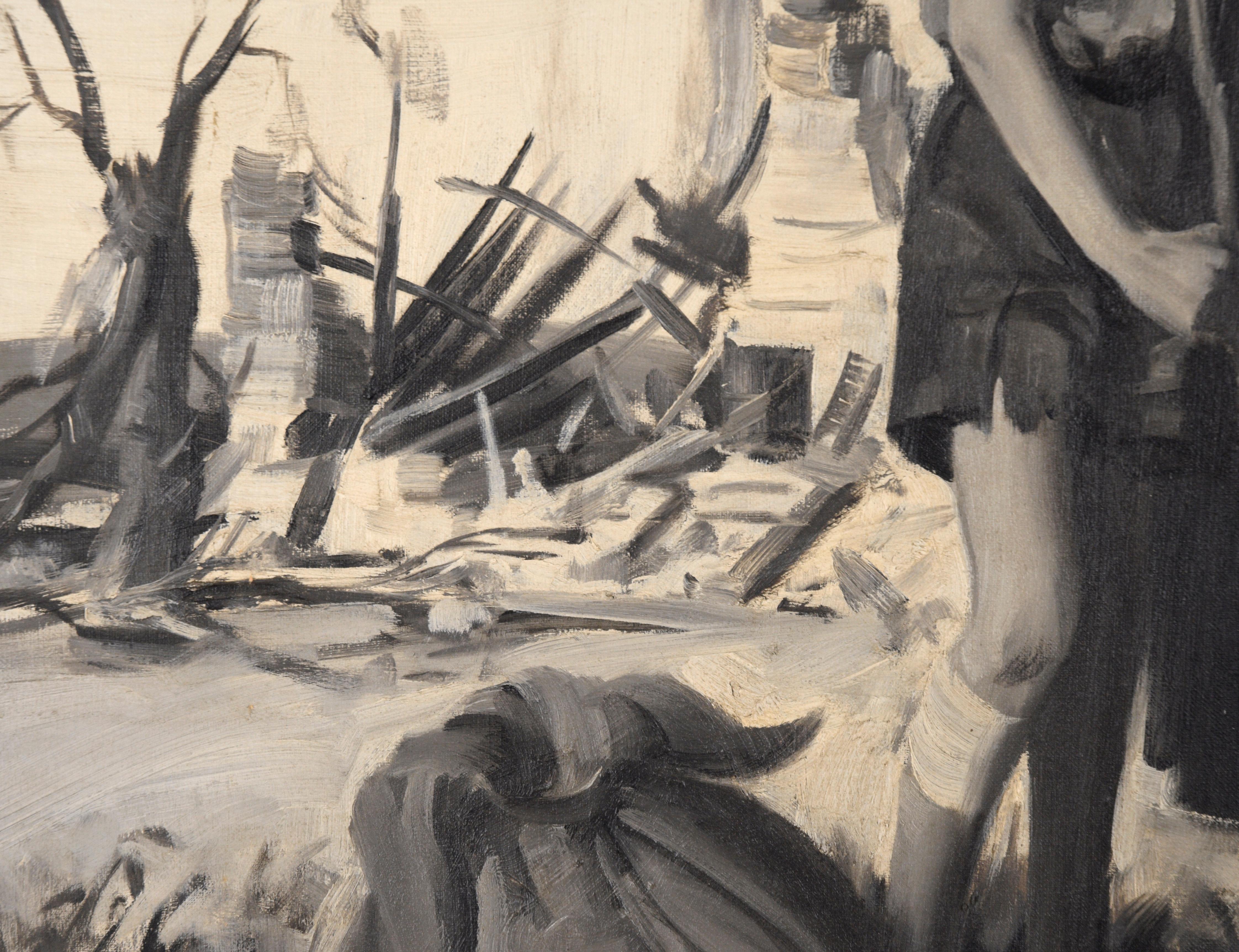 Devastation - Mid Century Figurative Illustration Grayscale Painting For Sale 1