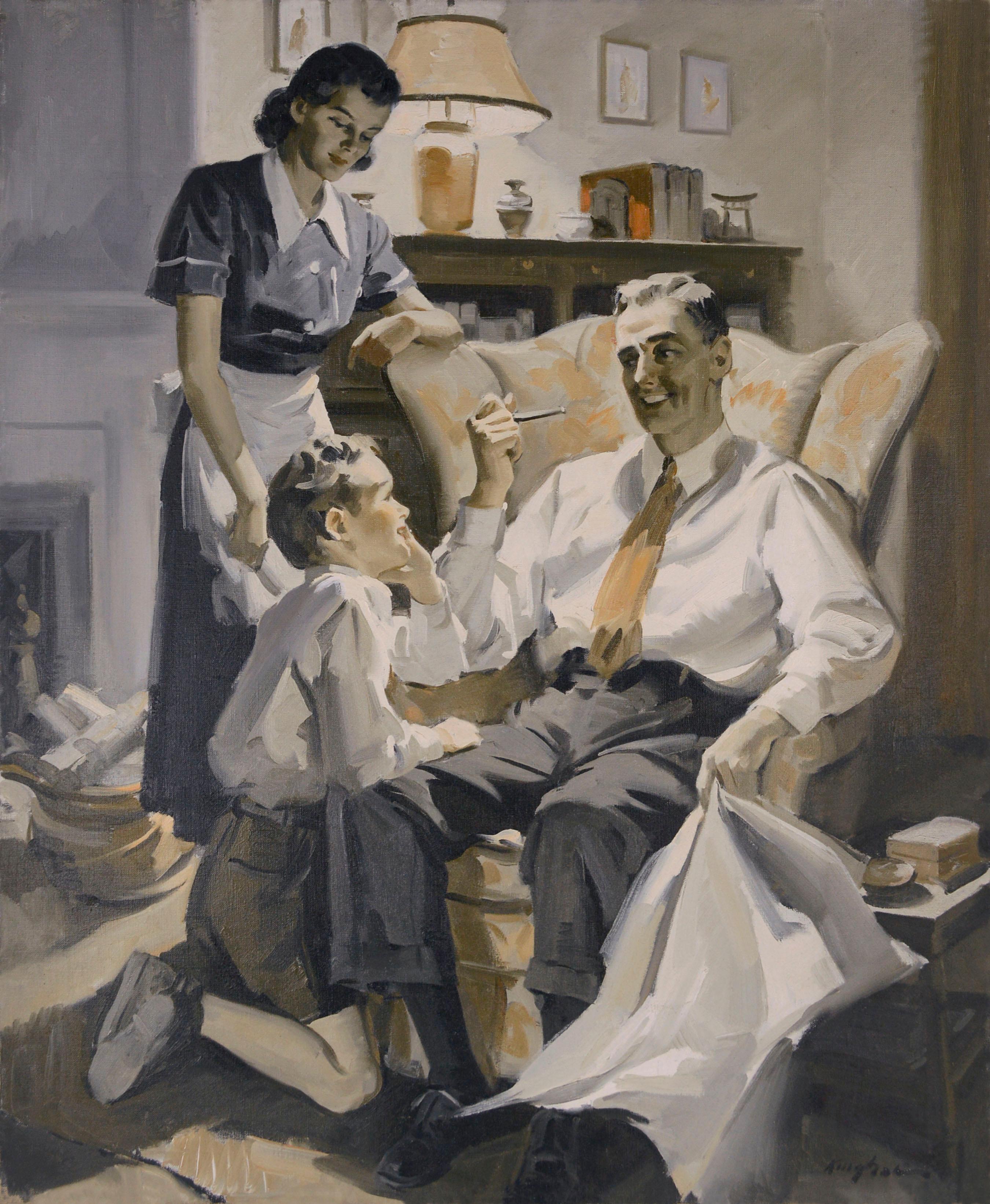 « Happy Family », scène figurative d'intérieur Sepia du milieu du siècle, illustration d'art - Painting de Charles Kinghan