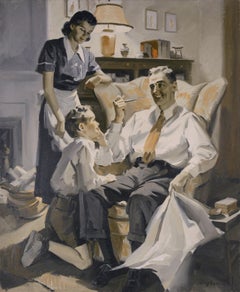 "Happy Family", Mid Century Sepia Figurative Interior Scene, Illustration Art