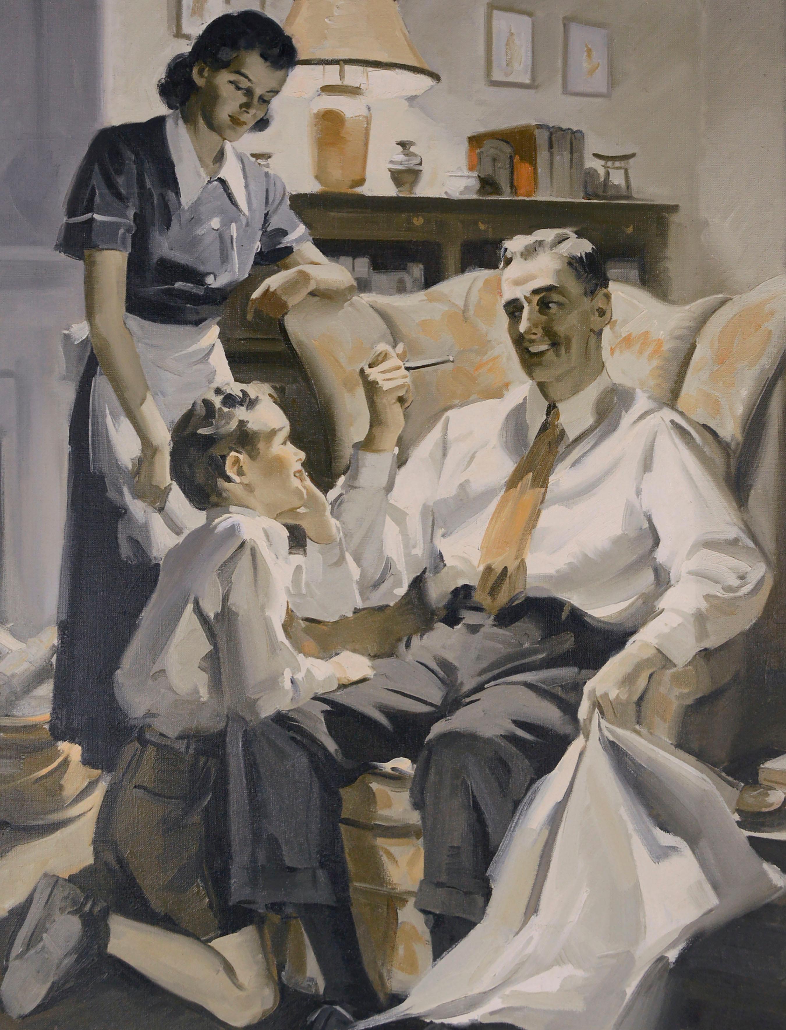 « Happy Family », scène figurative d'intérieur Sepia du milieu du siècle, illustration d'art - Impressionnisme américain Painting par Charles Kinghan