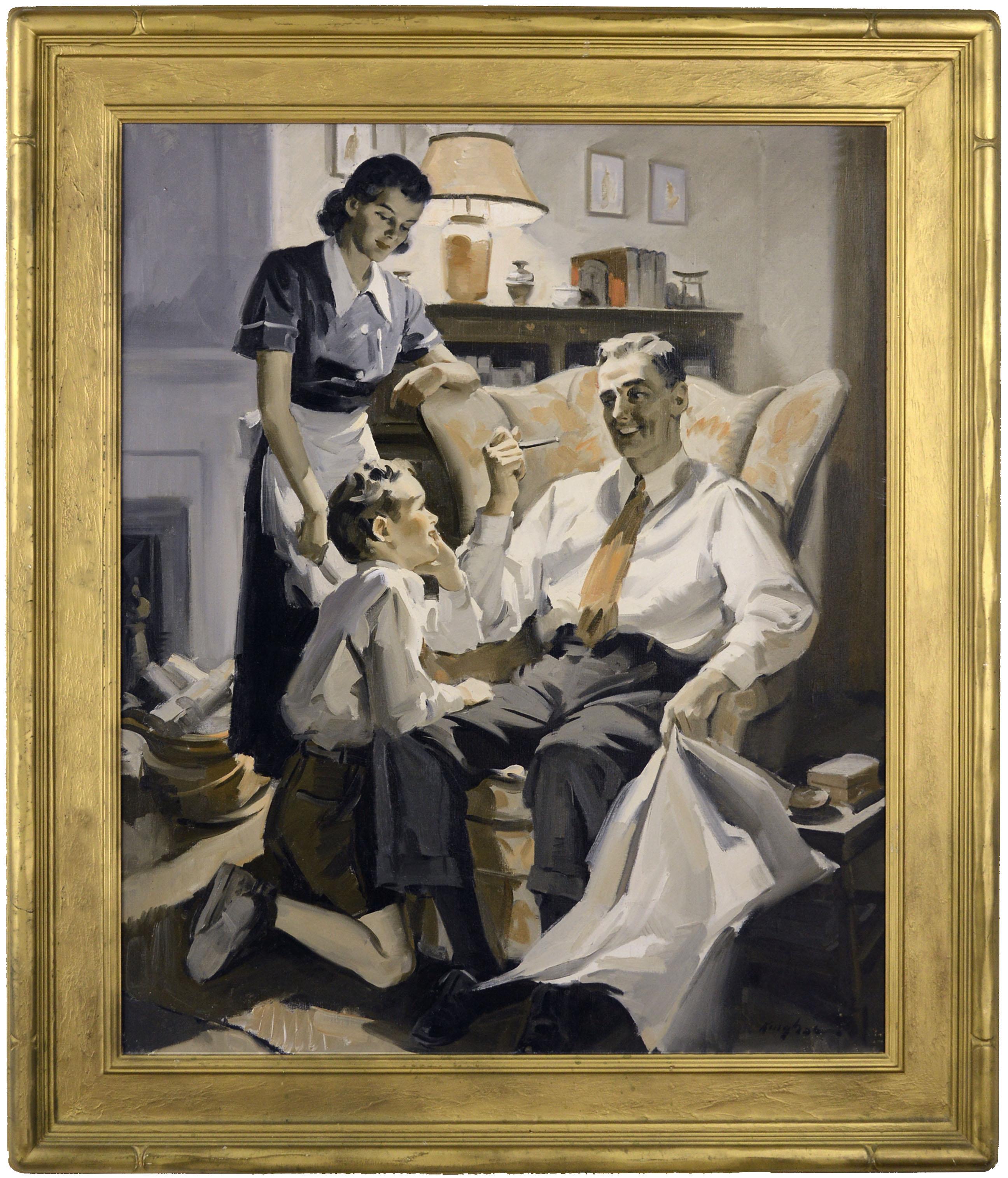 « Happy Family », scène figurative d'intérieur Sepia du milieu du siècle, illustration d'art