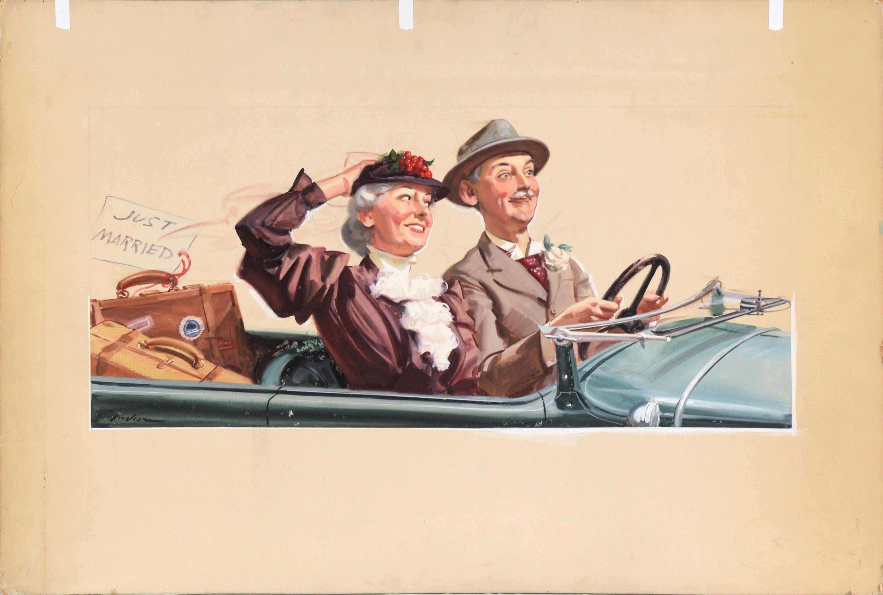 Figurative 1930's illustration of a just married couple in a classic car by Charles Kinghan (American, 1895-1984). Signed 
