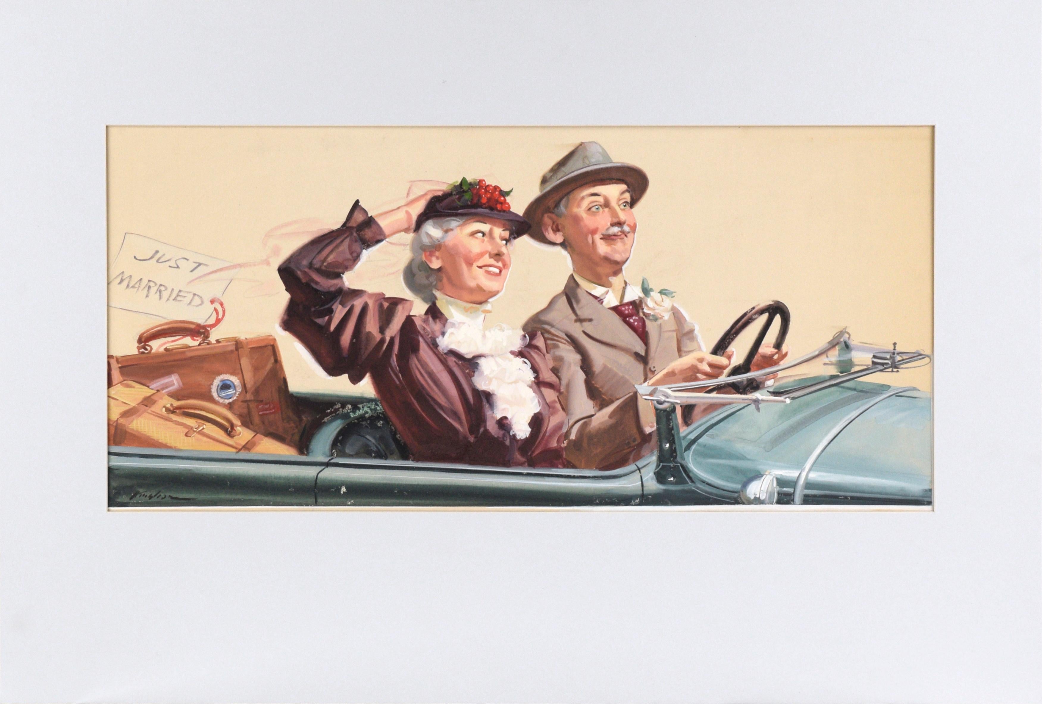 Charles Kinghan Figurative Painting - "Just Married", 1930s Original Painted Figurative Illustration