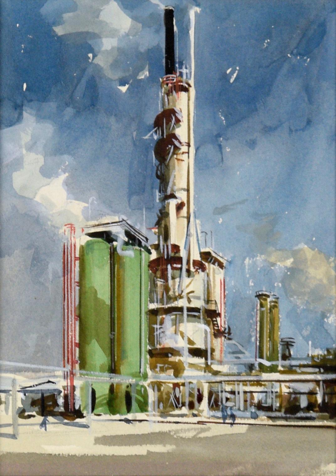 Smokestack at the Refinery - Realistic Industrial Illustration in Gouache - Painting by Charles Kinghan