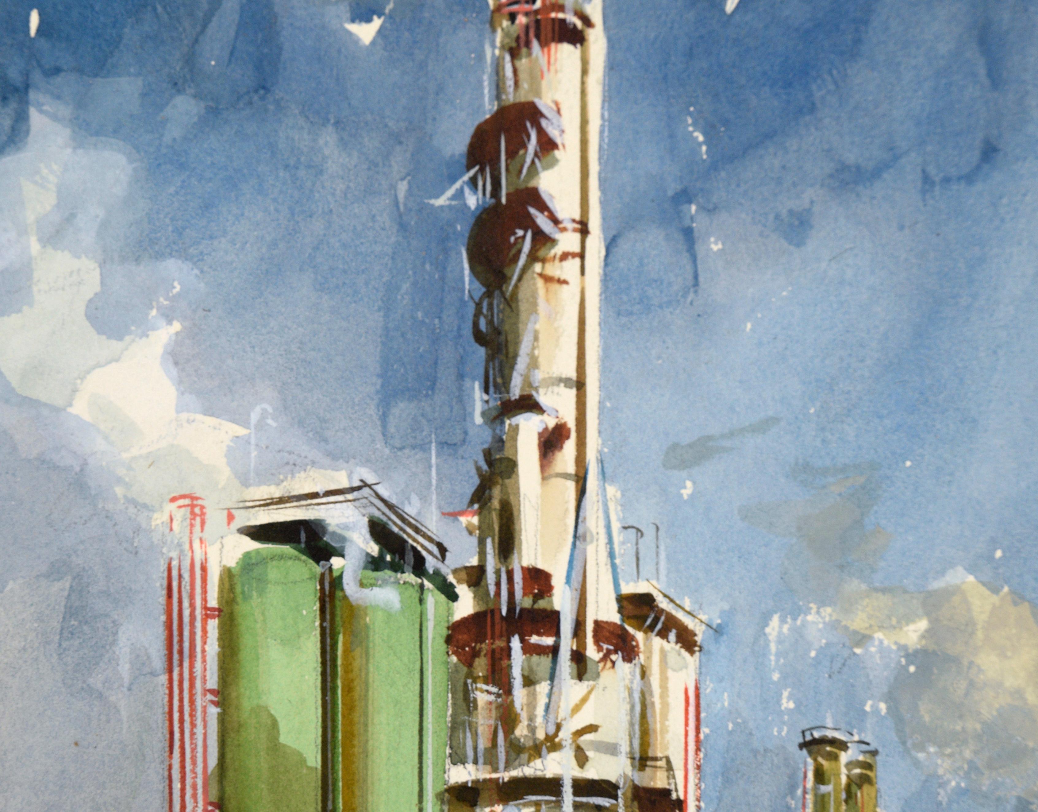 Smokestack at the Refinery – realistische industrielle Illustration in Gouache (Weiß), Figurative Painting, von Charles Kinghan