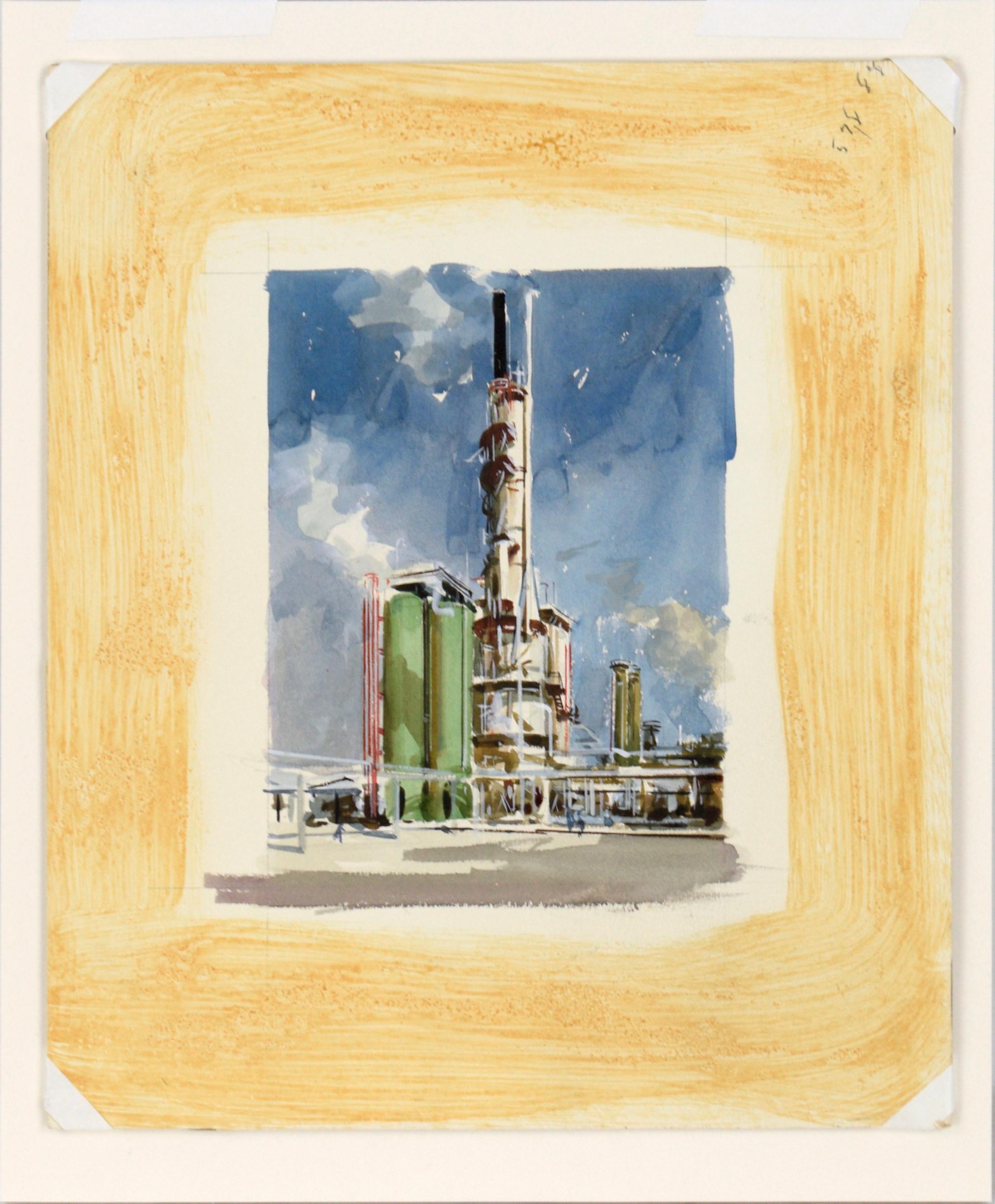 Smokestack at the Refinery - Realistic Industrial Illustration in Gouache - White Figurative Painting by Charles Kinghan