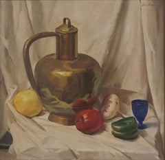 Vintage Mid Century Still Life with Brass Vessel, Fruits and Vegetables 