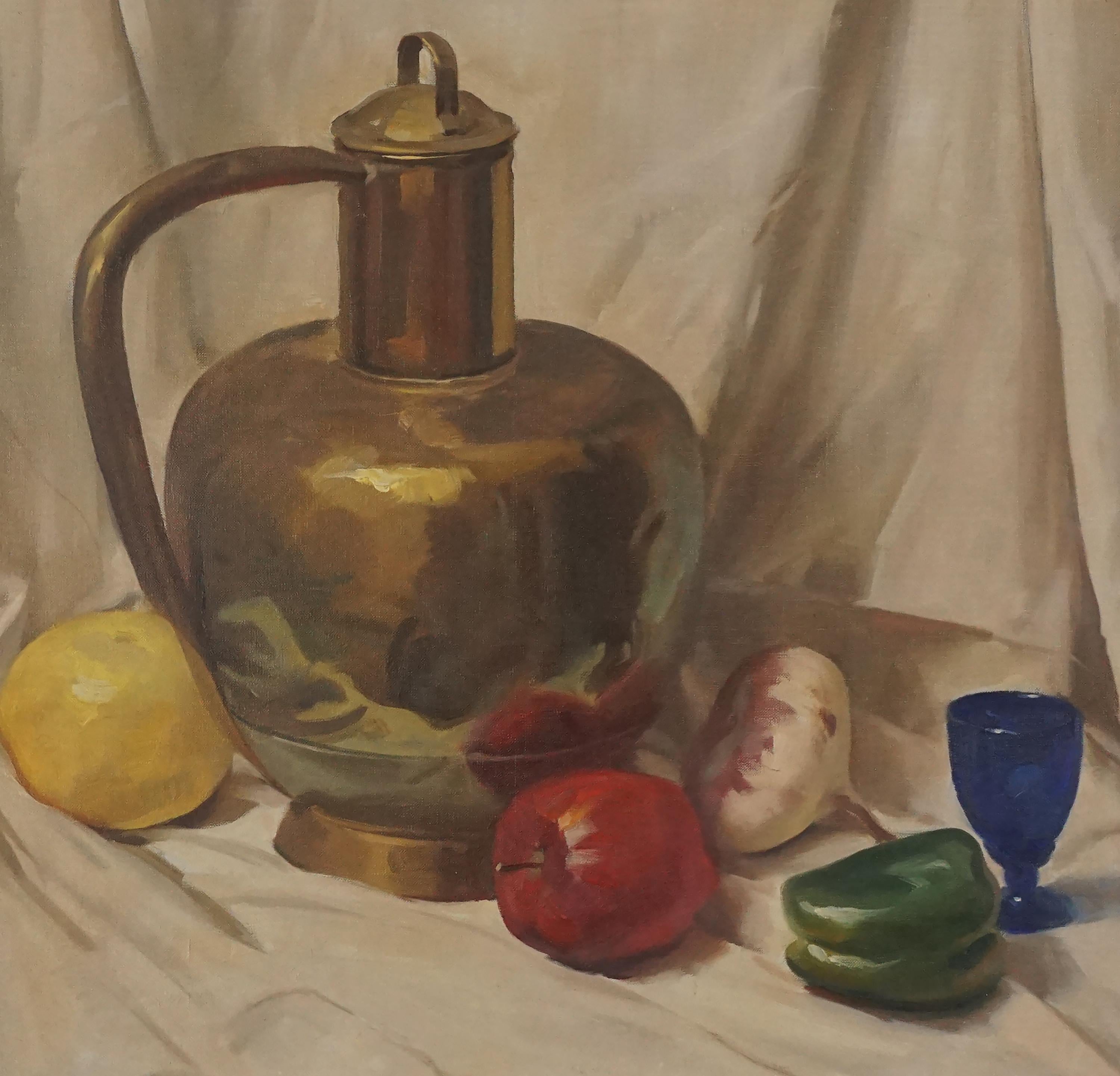Vintage-Stillleben aus der Mitte des Jahrhunderts mit Messinggefäß, Früchten und Gemüse  – Painting von Charles Kinghan