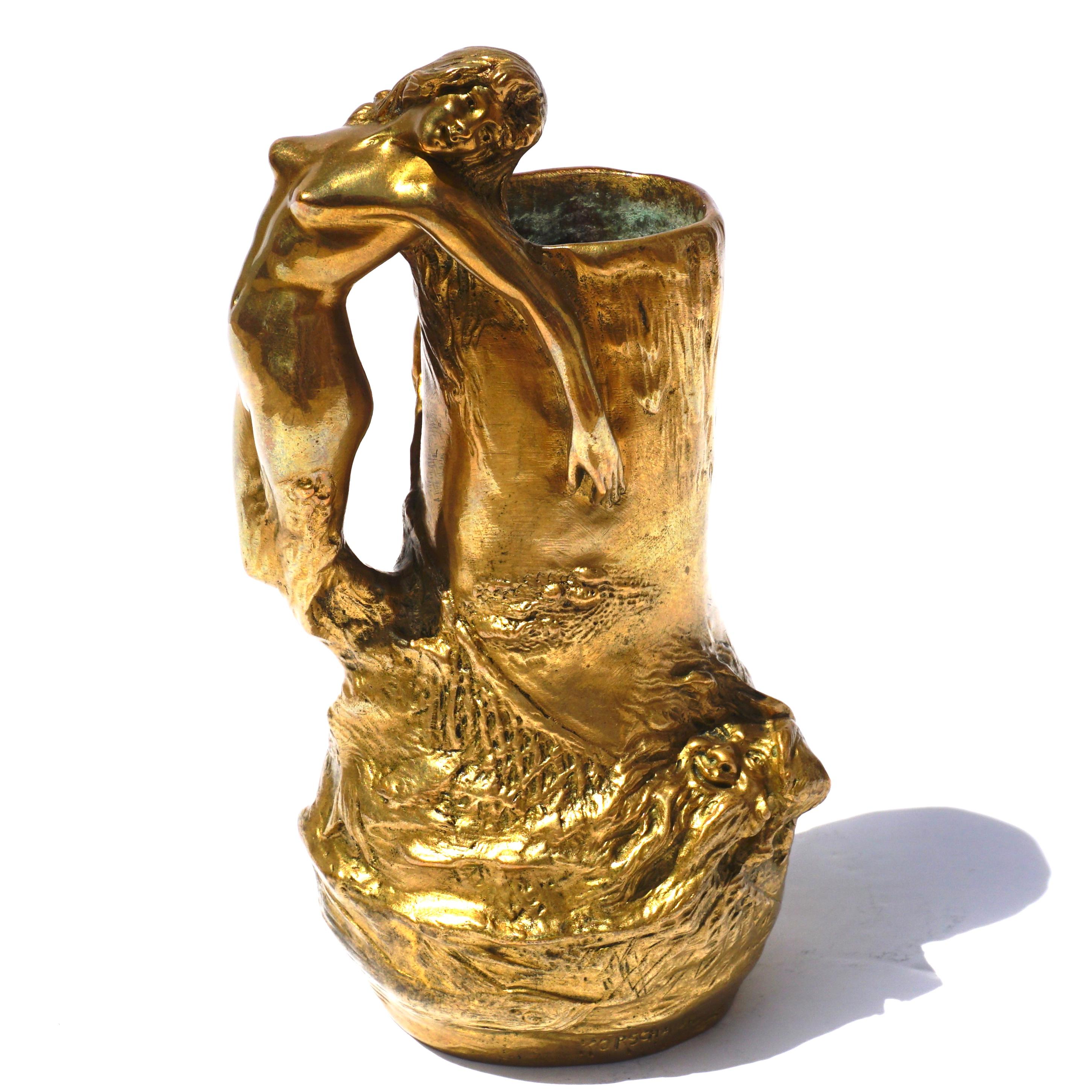 Art nouveau Charles Korschann - Nu en bronze doré Art Nouveau en vente