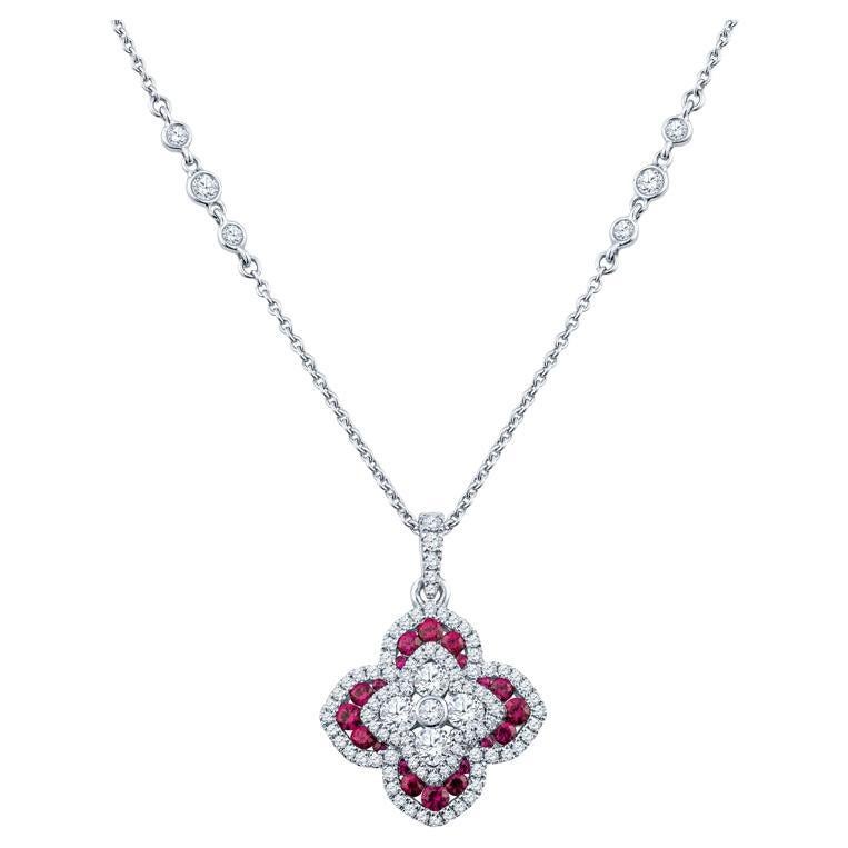 Charles Krypell 0.93ctw Round Diamond & 0.61ctw Round Ruby Pendant Necklace For Sale