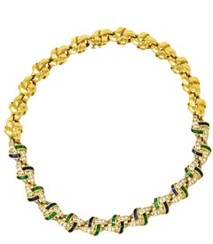 Charles Krypell 10.00 Carats Emerald Sapphire Diamond 18 Karat Gold Knot Link Ne