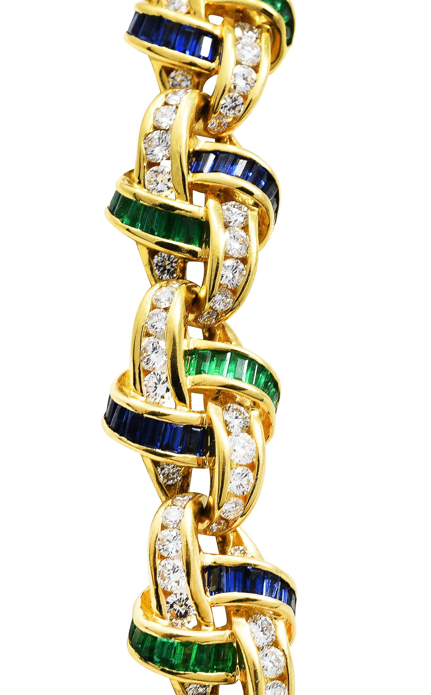 Charles Krypell 10.00 Carats Emerald Sapphire Diamond 18 Karat Gold Knot Link Ne In Excellent Condition In Philadelphia, PA