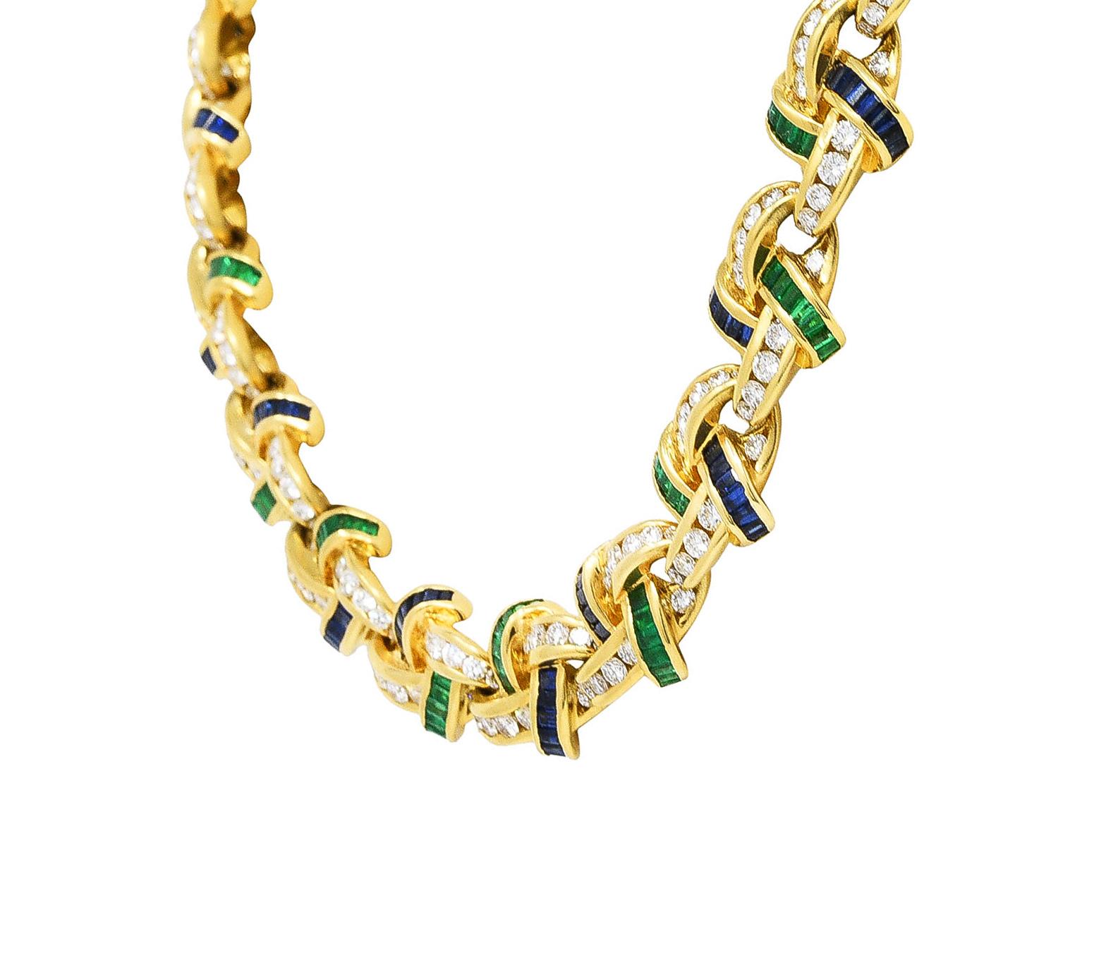 Women's or Men's Charles Krypell 10.00 Carats Emerald Sapphire Diamond 18 Karat Gold Knot Link Ne