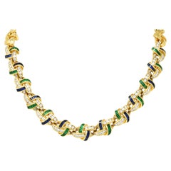 Charles Krypell 10.00 Carats Emerald Sapphire Diamond 18 Karat Gold Knot Link Ne