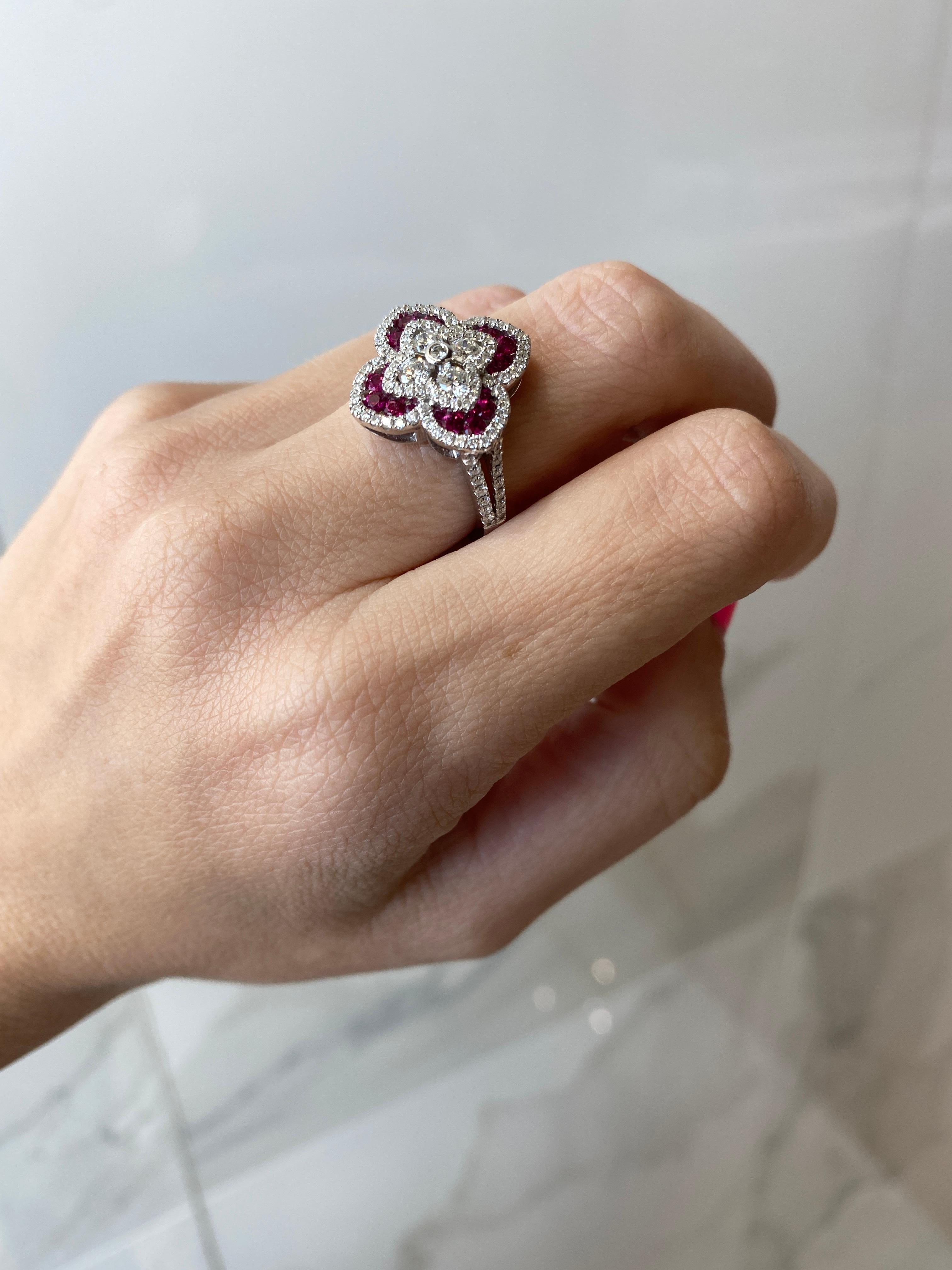Charles Krypell 1.03ctw Round Diamond & 0.56ctw Round Ruby Regal Flower Ring For Sale 8