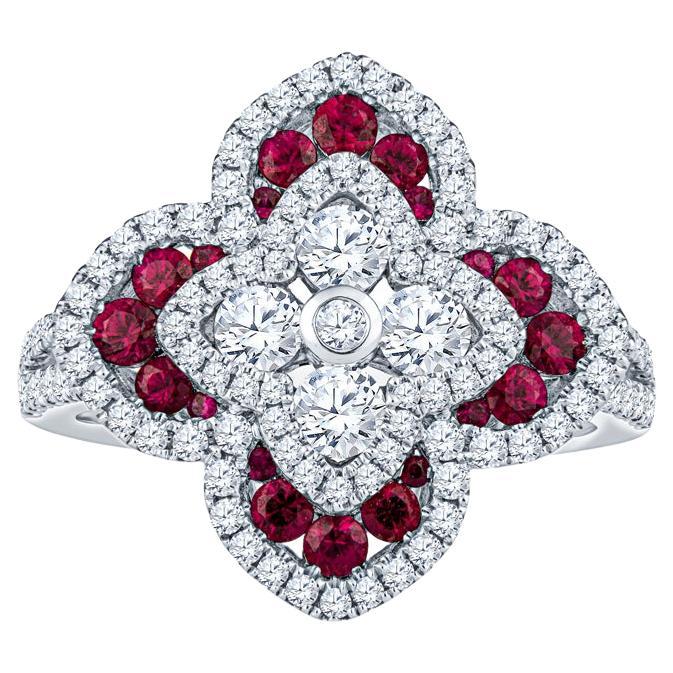 Charles Krypell 1.03ctw Round Diamond & 0.56ctw Round Ruby Regal Flower Ring For Sale