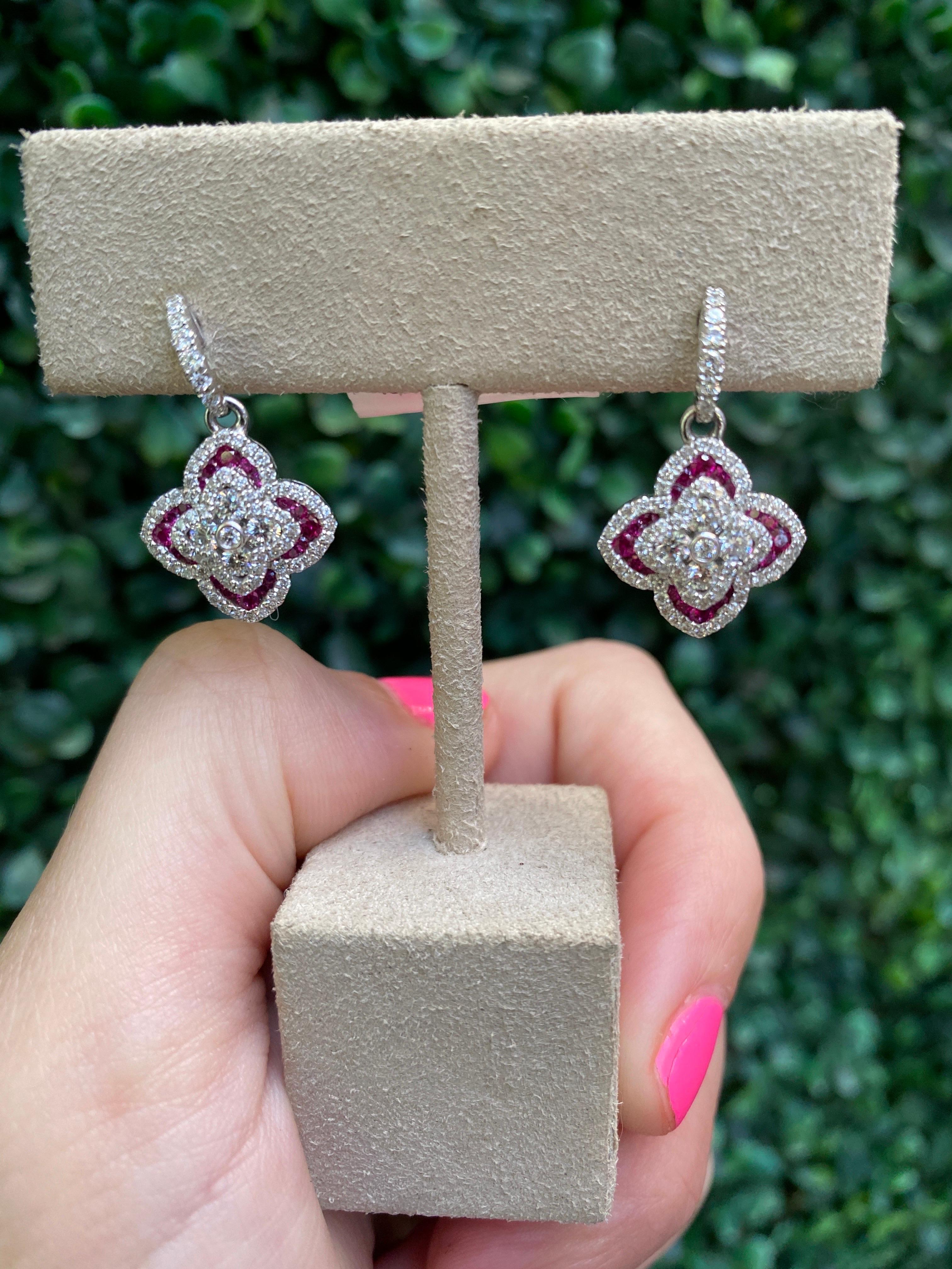 Charles Krypell 1.16ctw Round Diamonds & 0.47ctw Round Ruby Drop Earrings For Sale 3