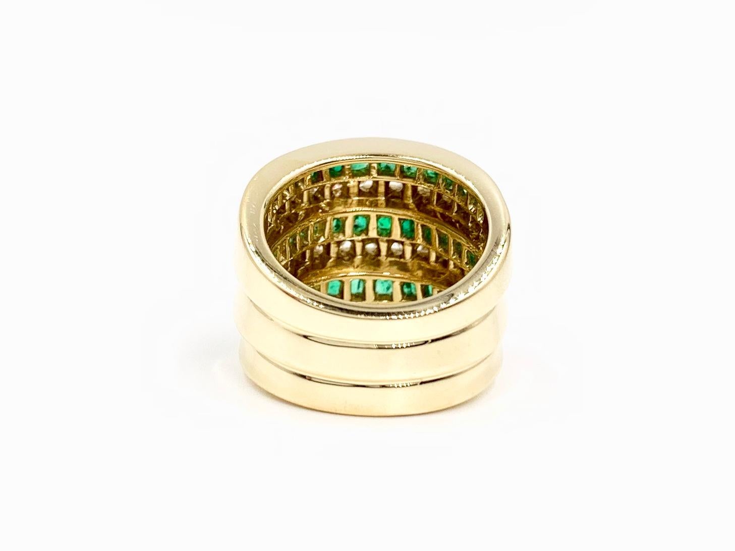 Charles Krypell 18 Karat Emerald and Diamond Wide Band In Excellent Condition For Sale In Pikesville, MD