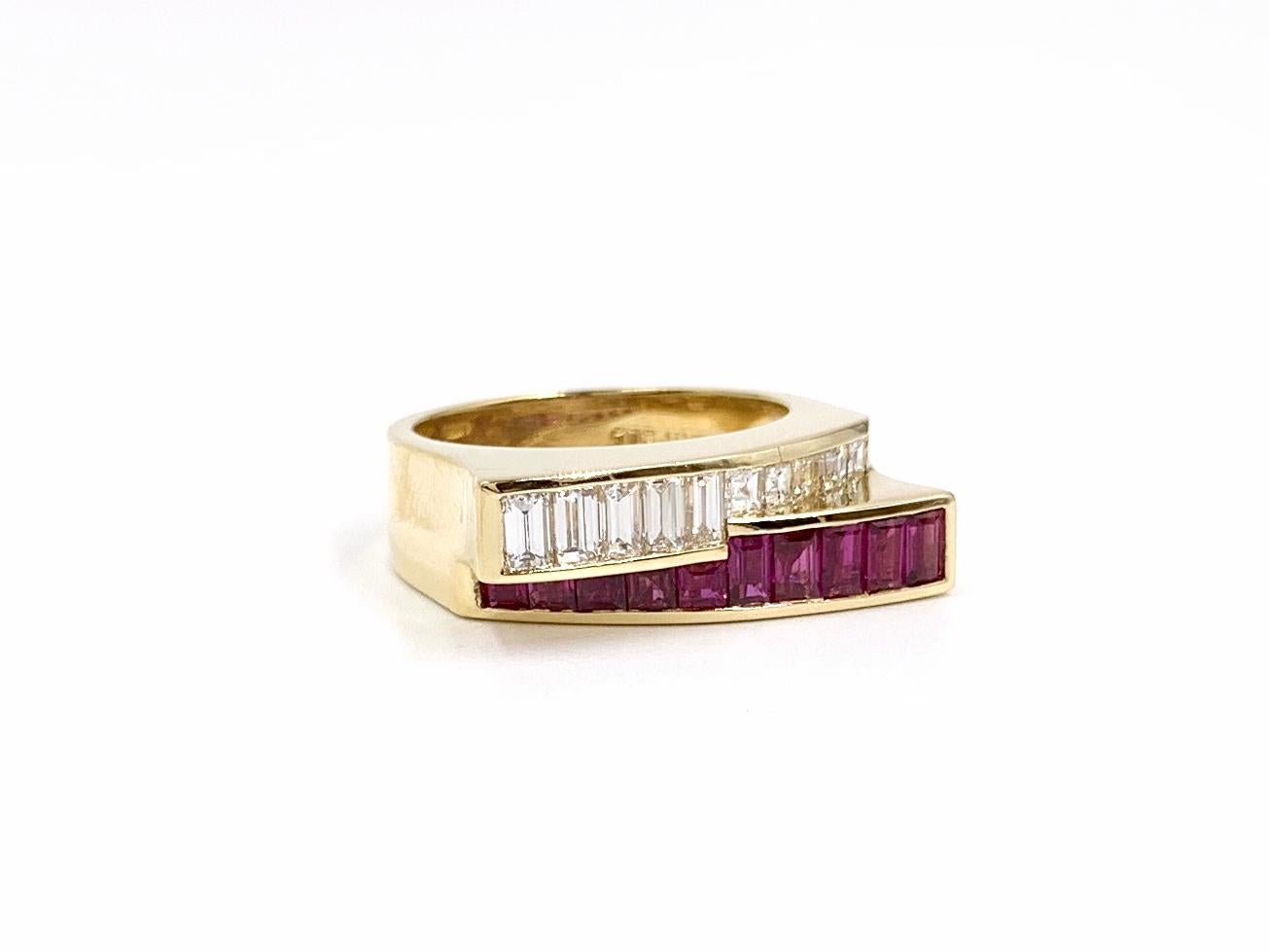 A sleek and ultra modern stacked style ring made with the finest diamonds and rubies by American designer Charles Krypell. This 18 karat yellow gold 7mm wide ring features approximately 1.20 carats of well saturated rubies. Five emerald cut and five