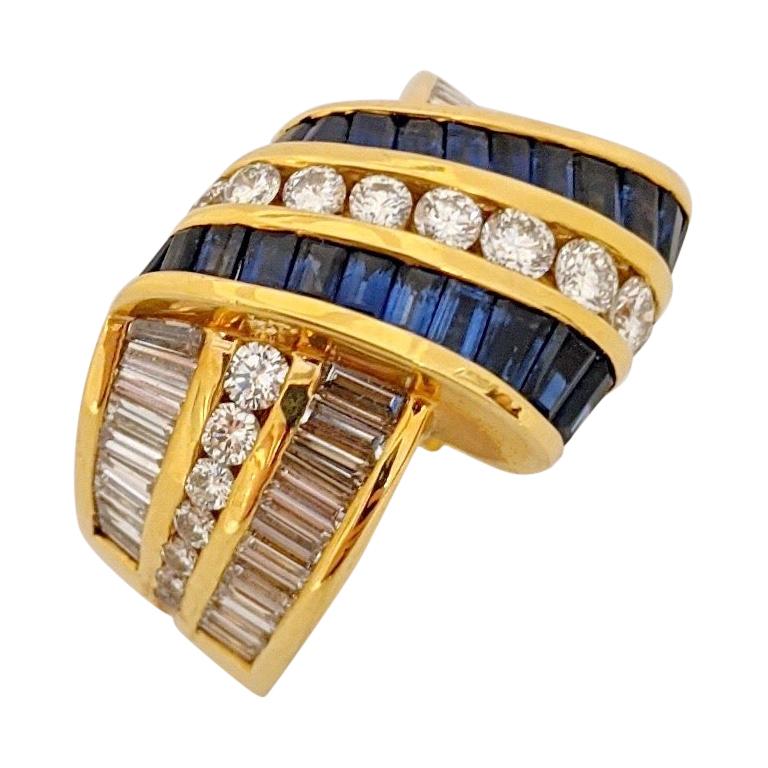 Charles Krypell 18 Karat Gold Ribbon Ring with Blue Sapphires and Diamonds For Sale