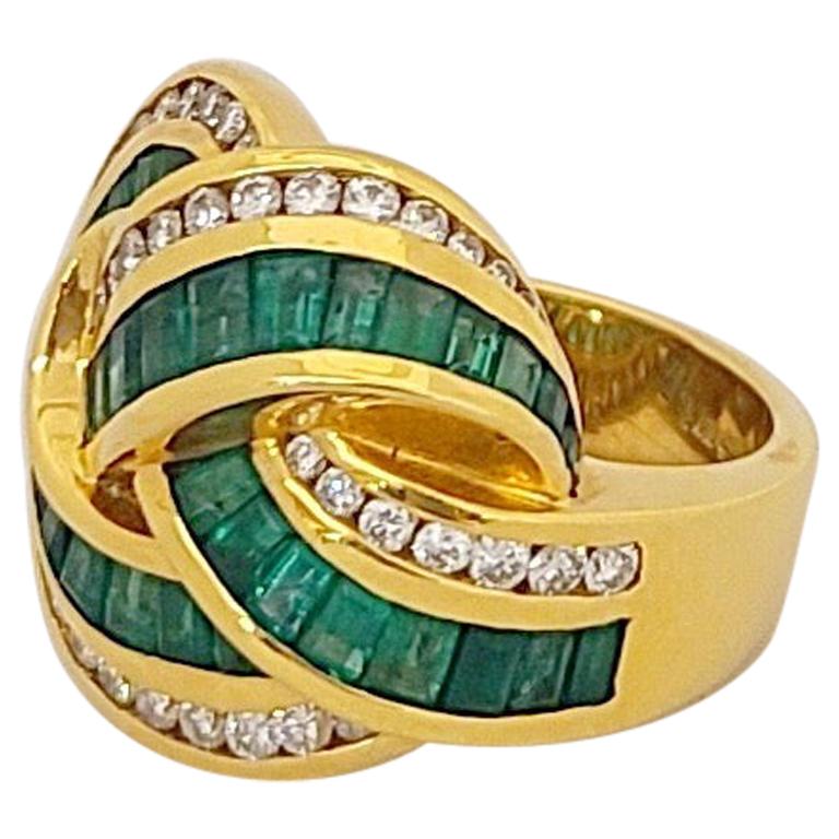 Charles Krypell 18 Karat Yellow Gold, 2.59 Carat Emeralds and Diamond Knot Ring For Sale