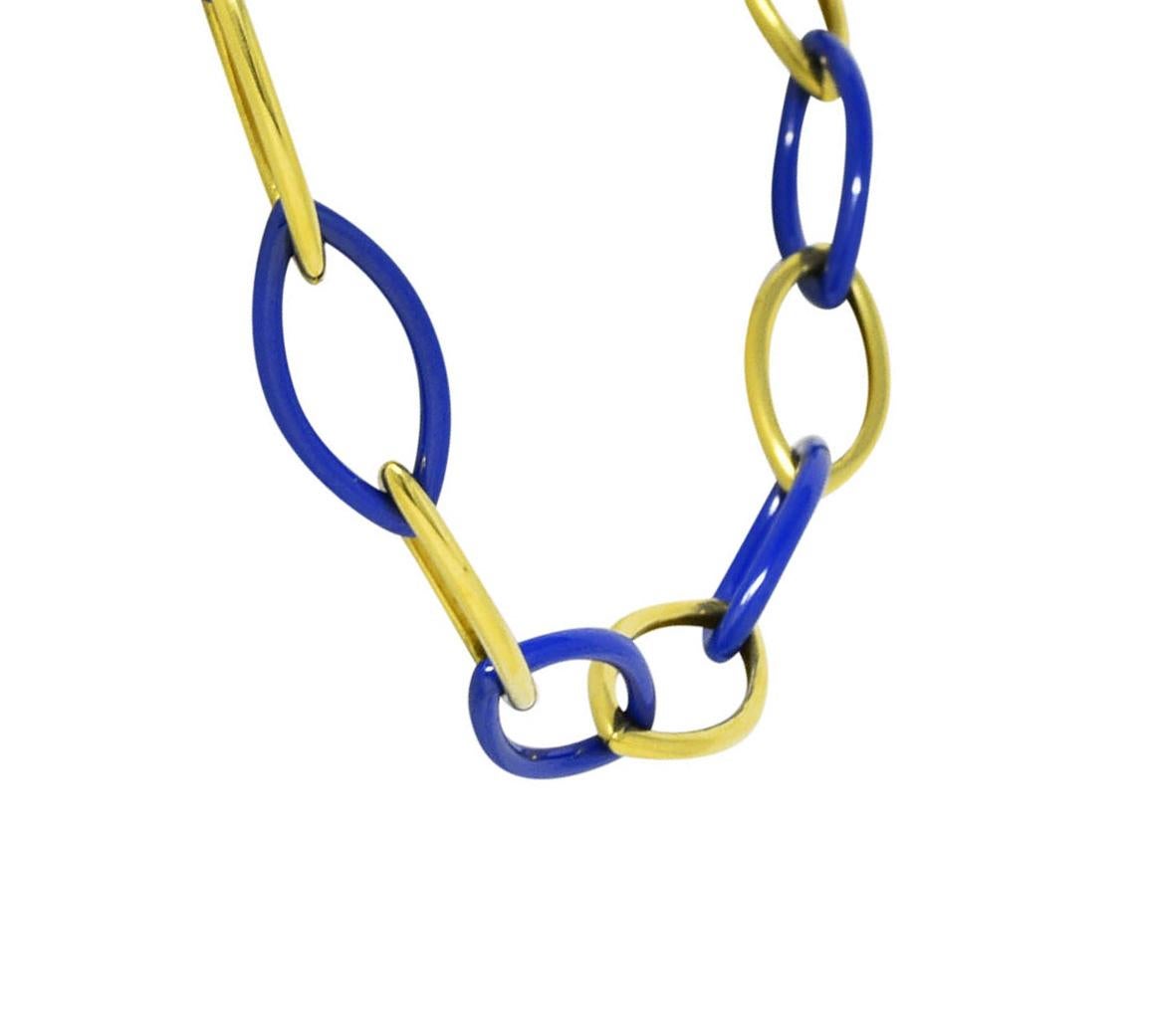 Contemporary Charles Krypell 18 Karat Yellow Gold Blue Ceramic Marquise Link Necklace