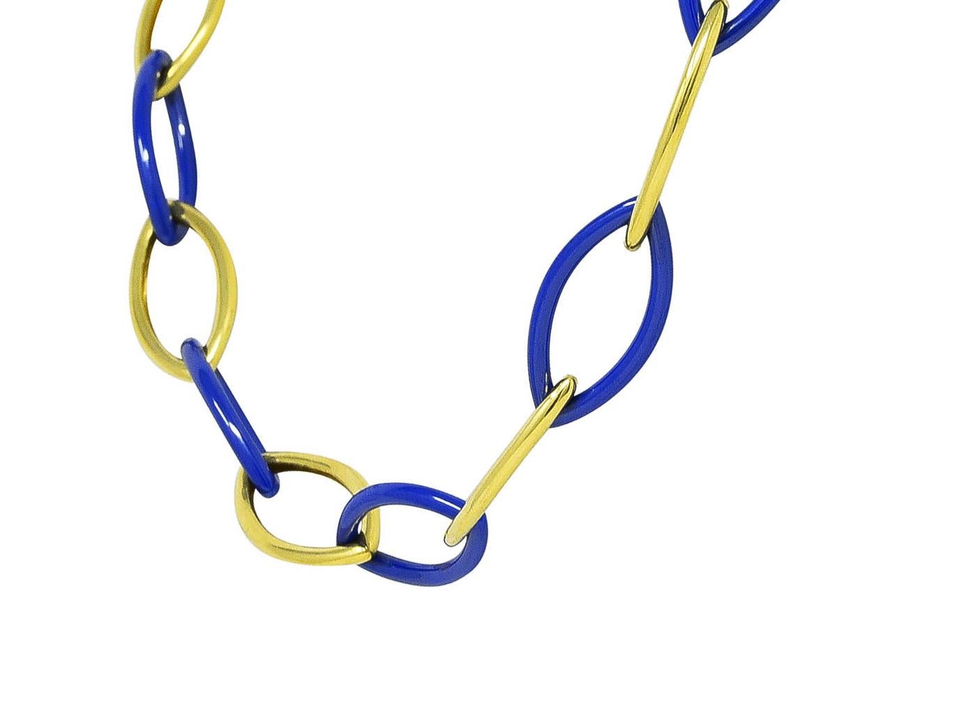 Charles Krypell 18 Karat Yellow Gold Blue Ceramic Marquise Link Necklace In Excellent Condition In Philadelphia, PA