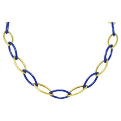 Charles Krypell 18 Karat Yellow Gold Blue Ceramic Marquise Link Necklace