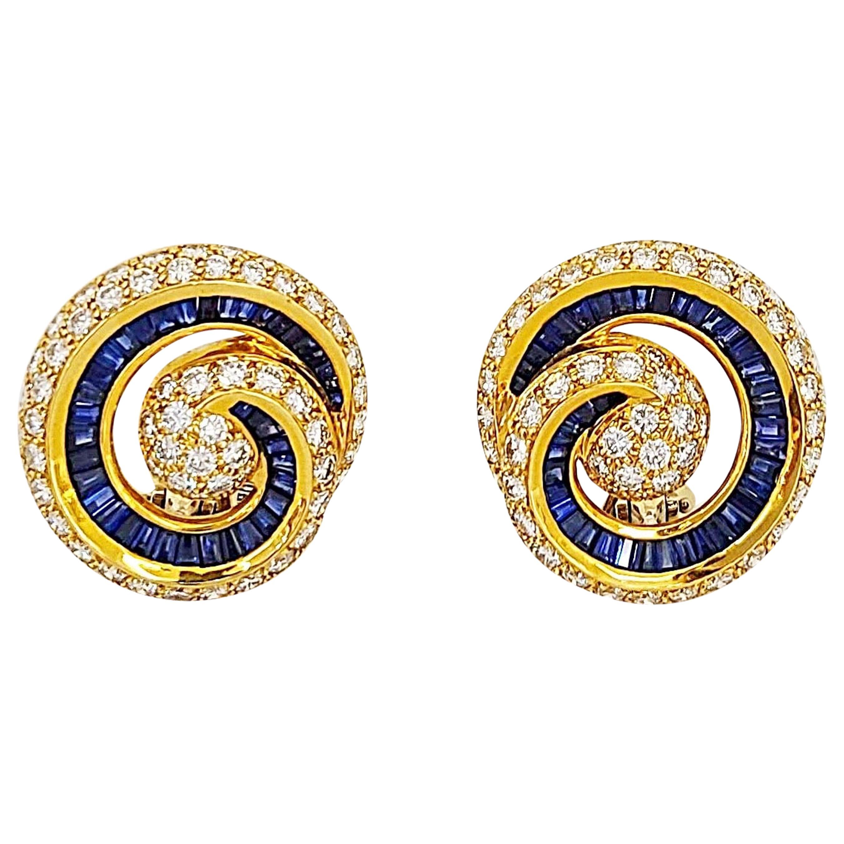 Charles Krypell 18 Karat Yellow Gold Diamond and Blue Sapphire Nautilus Earrings For Sale