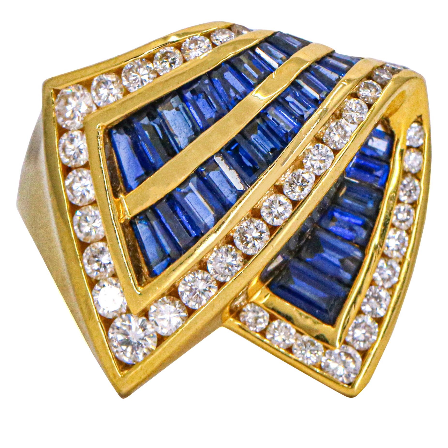 Charles Krypell 18 Karat Yellow Gold Sapphire Diamond Ring For Sale