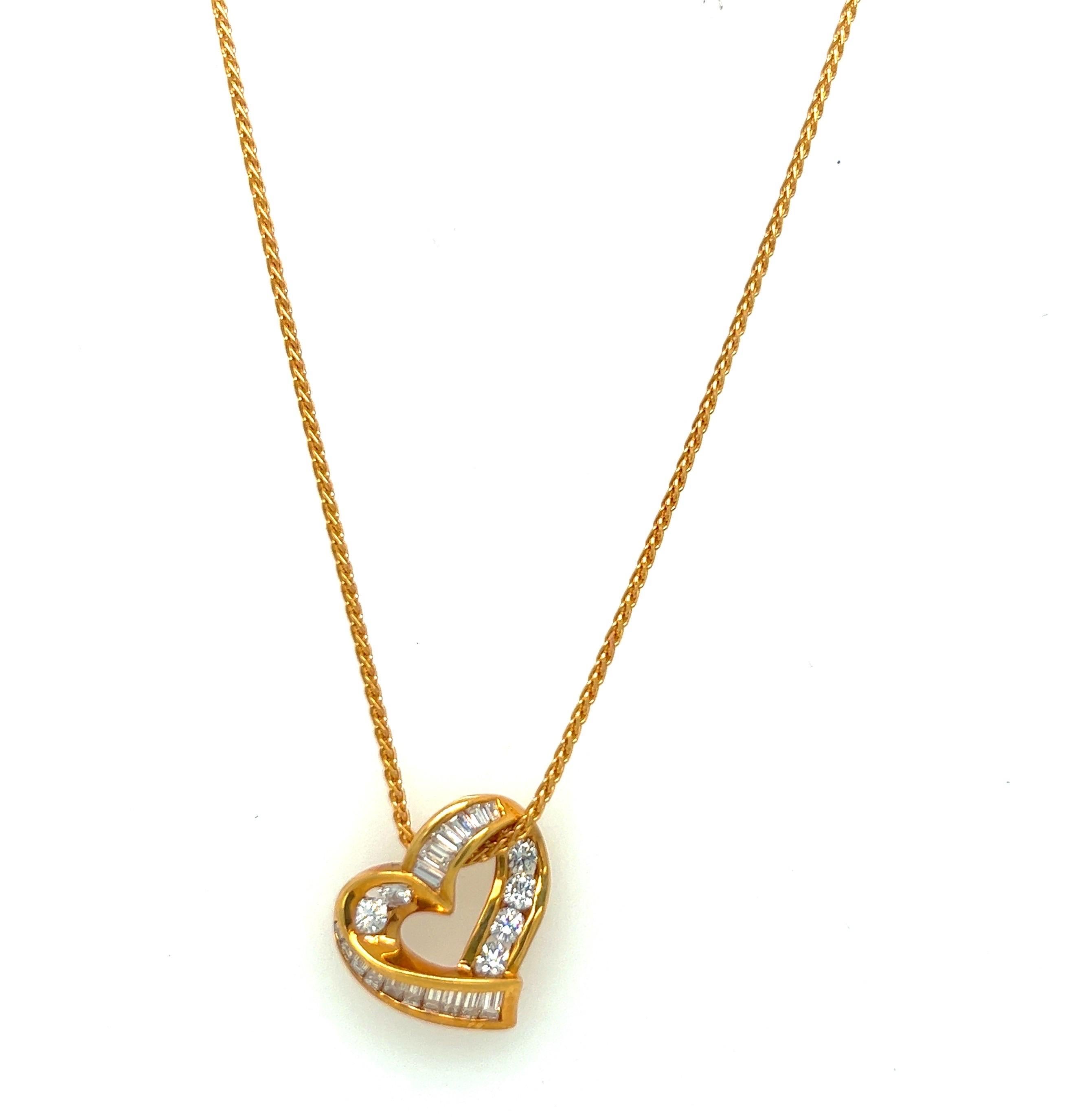 Baguette Cut Charles Krypell 18 KT Yellow Gold 1.04 Cts. Diamond Heart Pendant For Sale