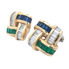 Charles Krypell, 18K Gold Emerald Sapphire Diamond Earrings