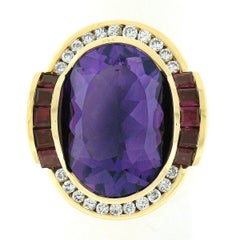 Charles Krypell 18k Gold Oval Amethyst w/ Diamond & Ruby Halo Cocktail Band Ring