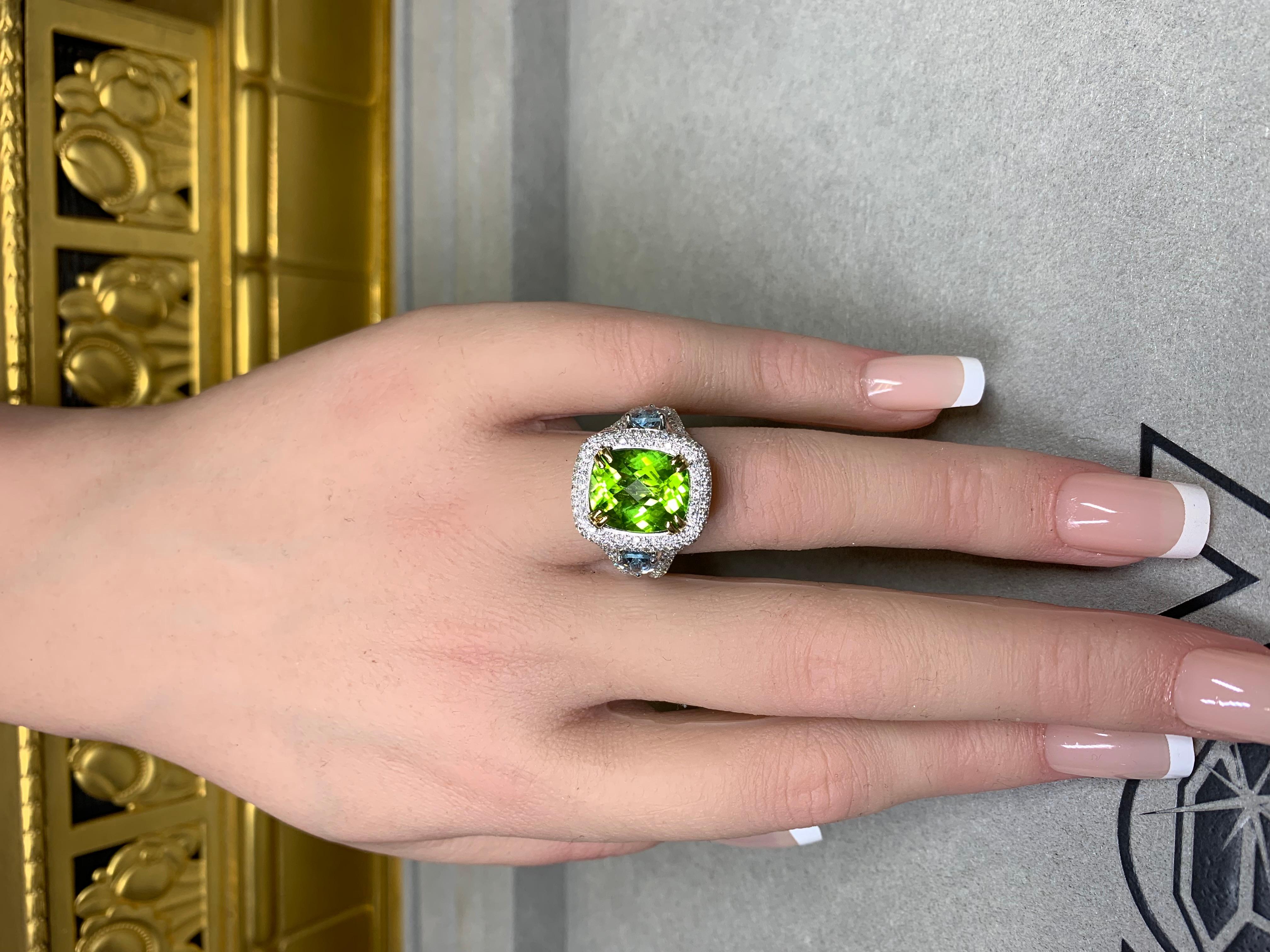 Charles Krypell 18K Peridot Aquamarin Diamant Dreistein-Cocktailring 8,83ctw im Angebot 4
