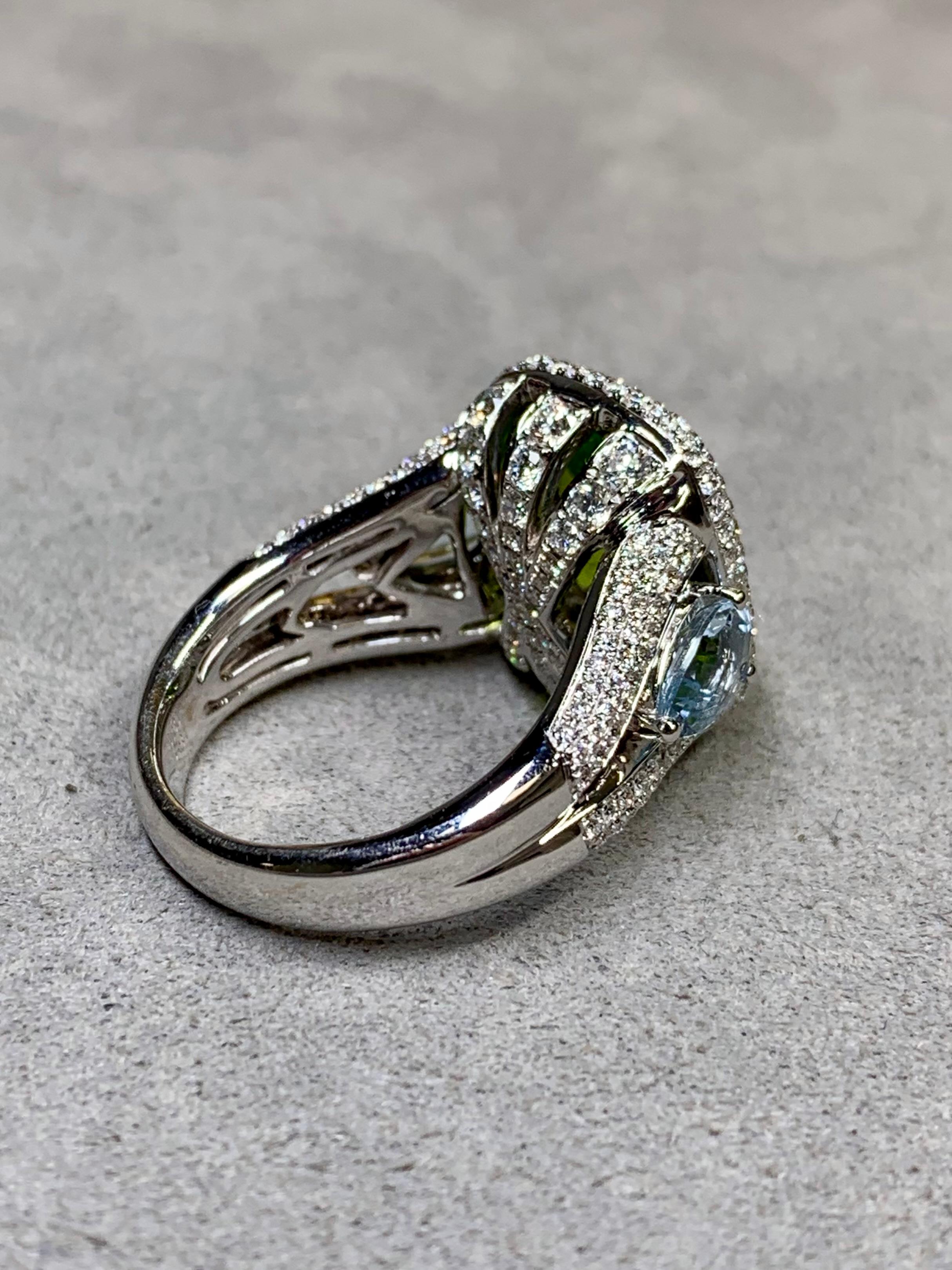 Charles Krypell 18K Peridot Aquamarin Diamant Dreistein-Cocktailring 8,83ctw (Zeitgenössisch) im Angebot
