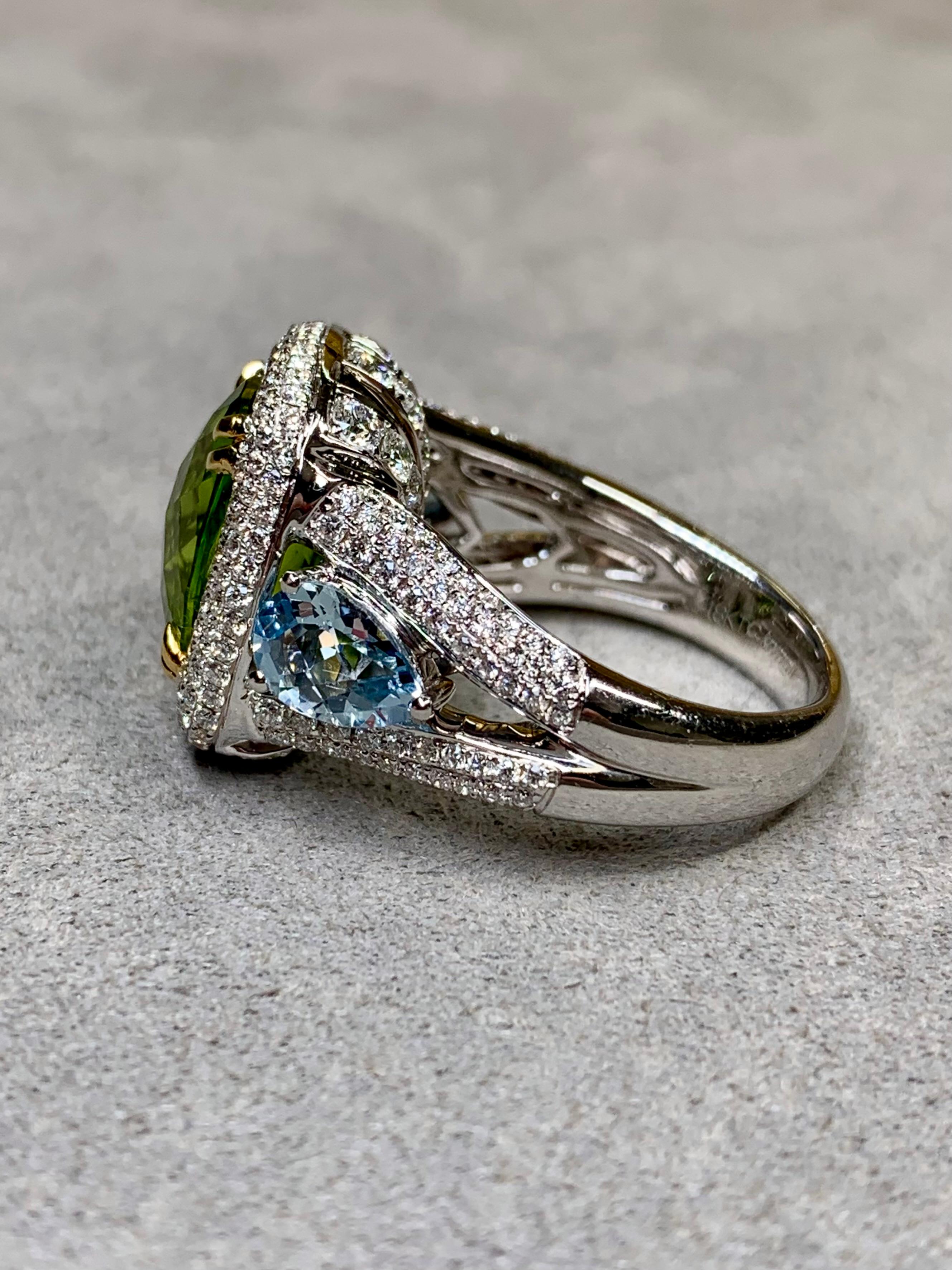 Charles Krypell 18K Peridot Aquamarin Diamant Dreistein-Cocktailring 8,83ctw im Zustand „Gut“ im Angebot in Winter Springs, FL