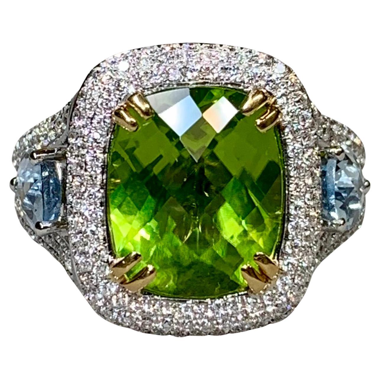 Charles Krypell 18K Peridot Aquamarine Diamond Three Stone Cocktail Ring 8.83ctw