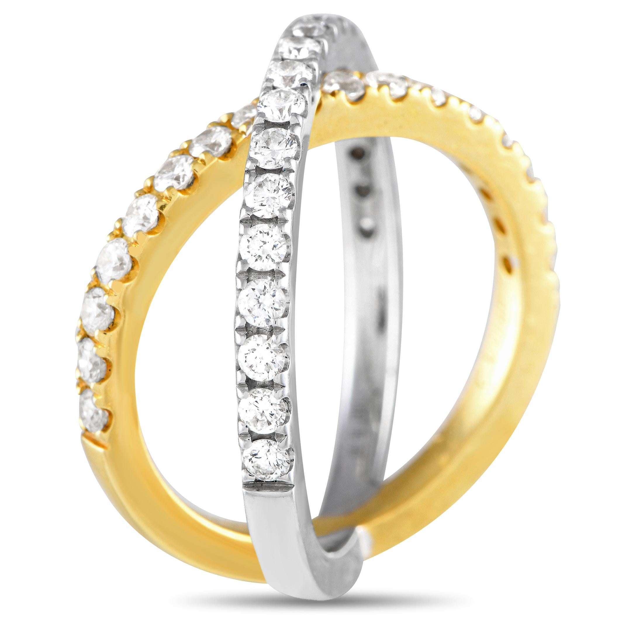 Not the type to settle for ordinary? Then this two-tone interlocking ring is for you. A creation by Charles Krypell, this innovatively designed ring features a slim, diamond-detailed white gold band that crosses over a slender, diamond-lined yellow